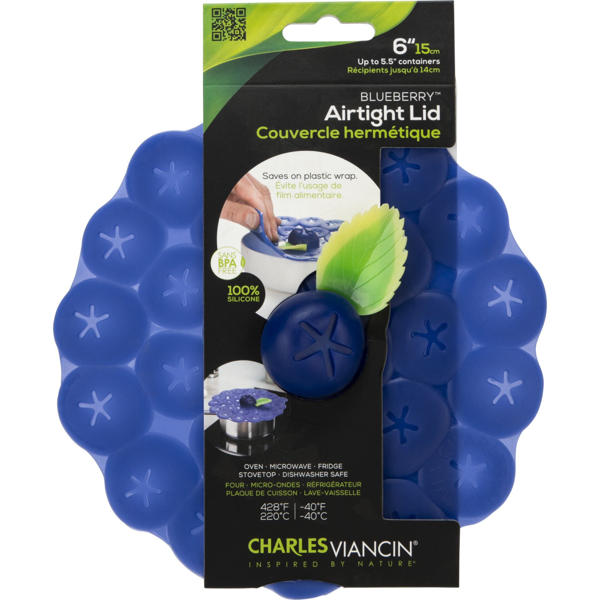 Airtight lid, Blue silicone, Dishwasher safe, Oven safe, Blueberry pattern