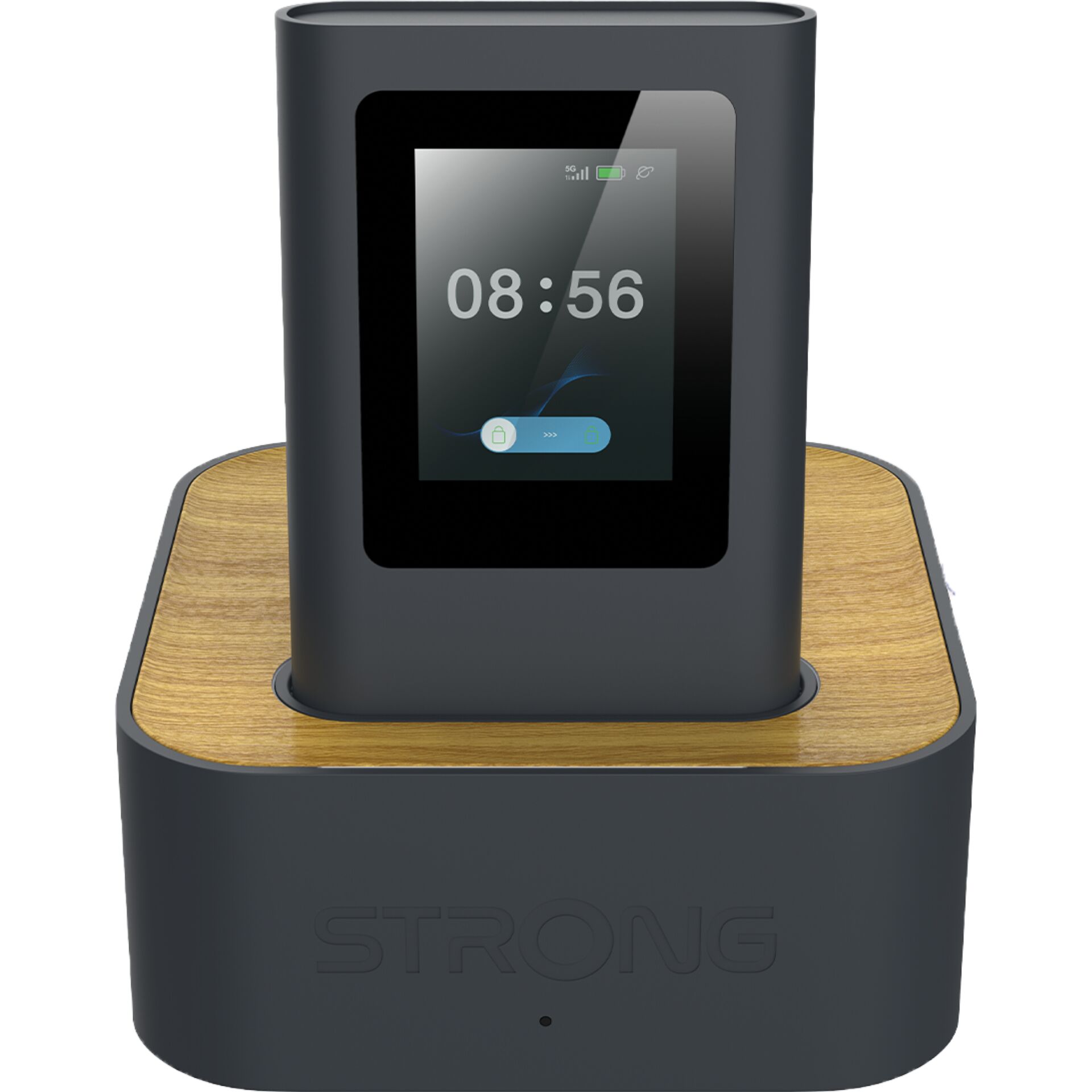 Smartwatch, Ladestation, Holzunterlage, digitales Display, graues Gehäuse