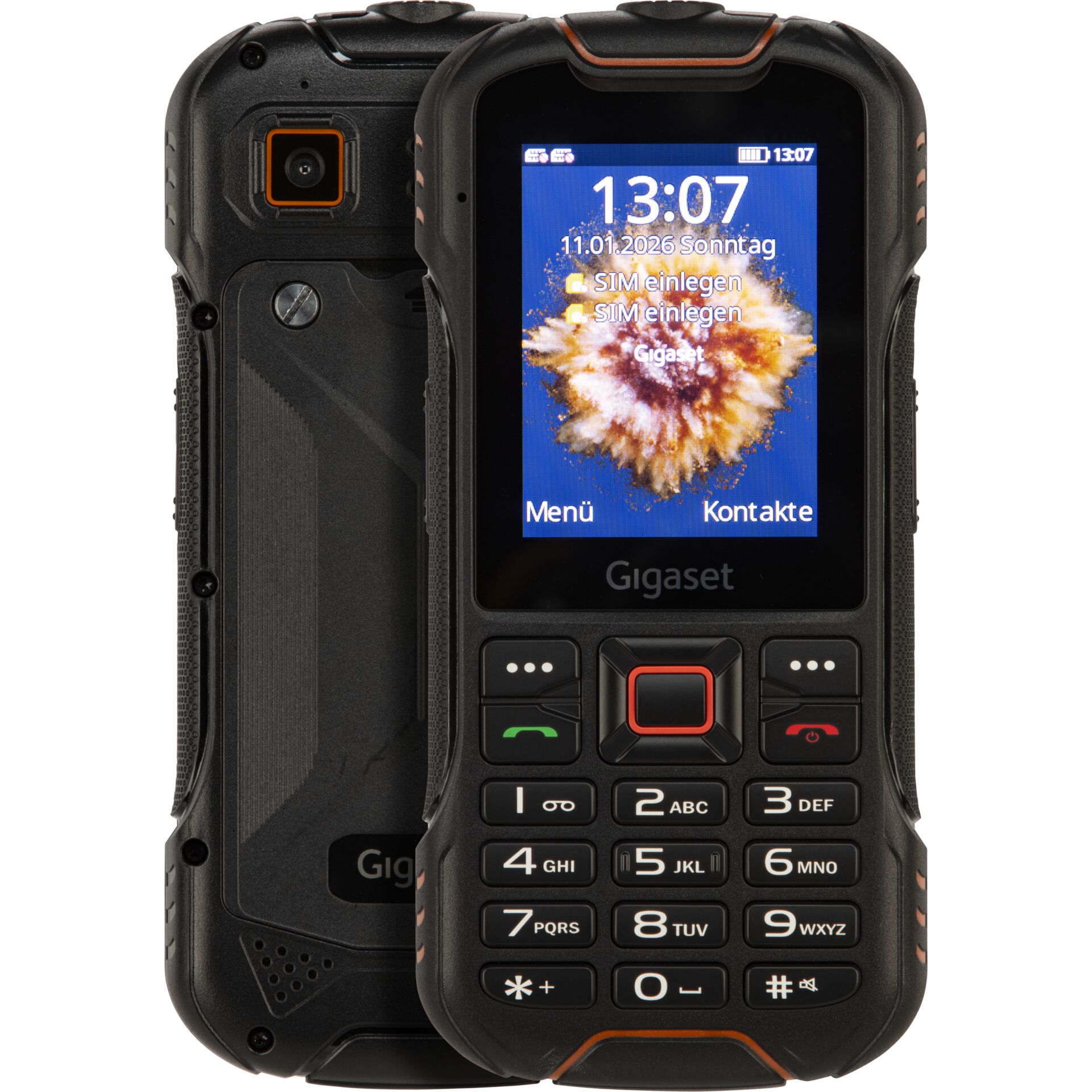 robustes Telefon, Funktiontelefon, GPS, physische Tastatur, schwarz orange