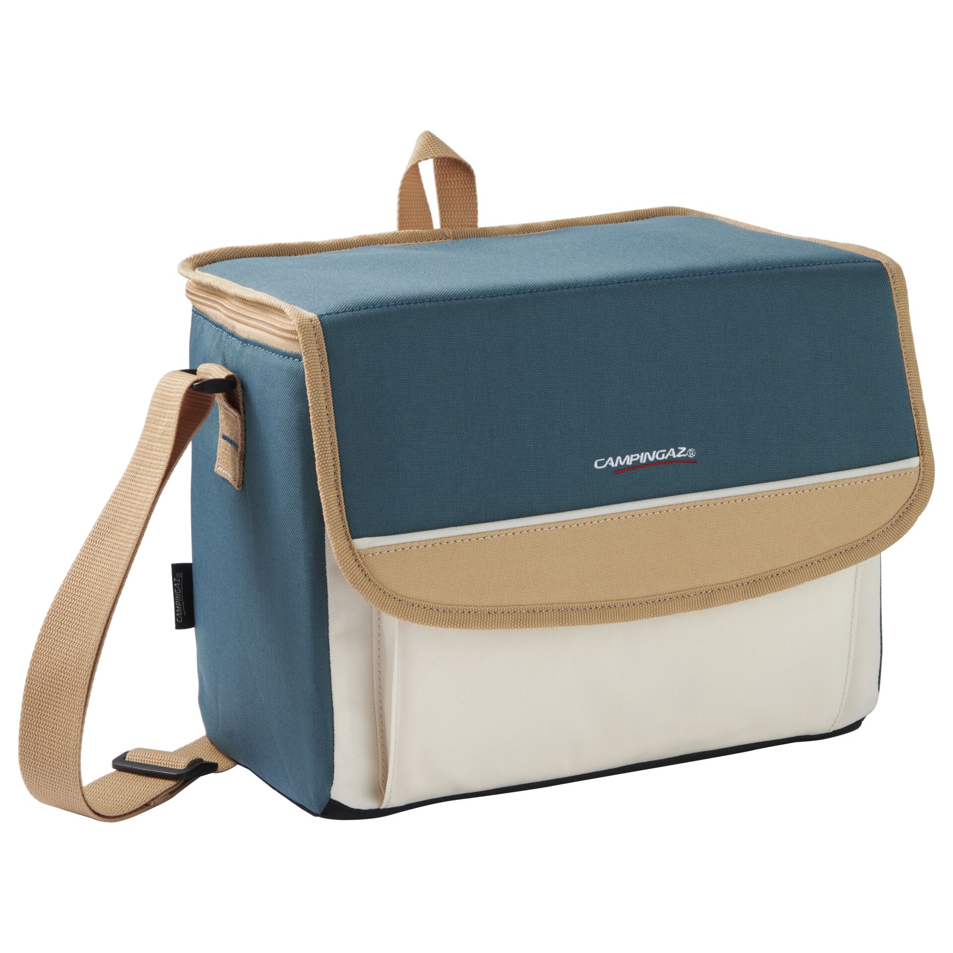 kühlbox, kühltasche, blau, beige rand, umbrachetasche
