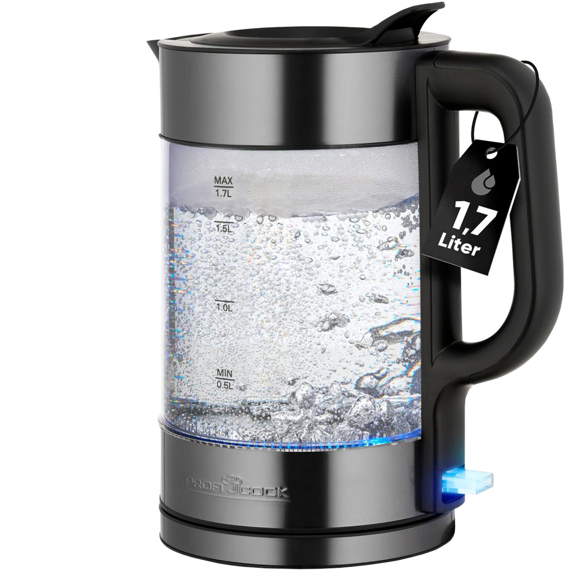 Wasserkocher, Glasbehälter, 1,7 Liter, Bubbler, Schwarz/Metall