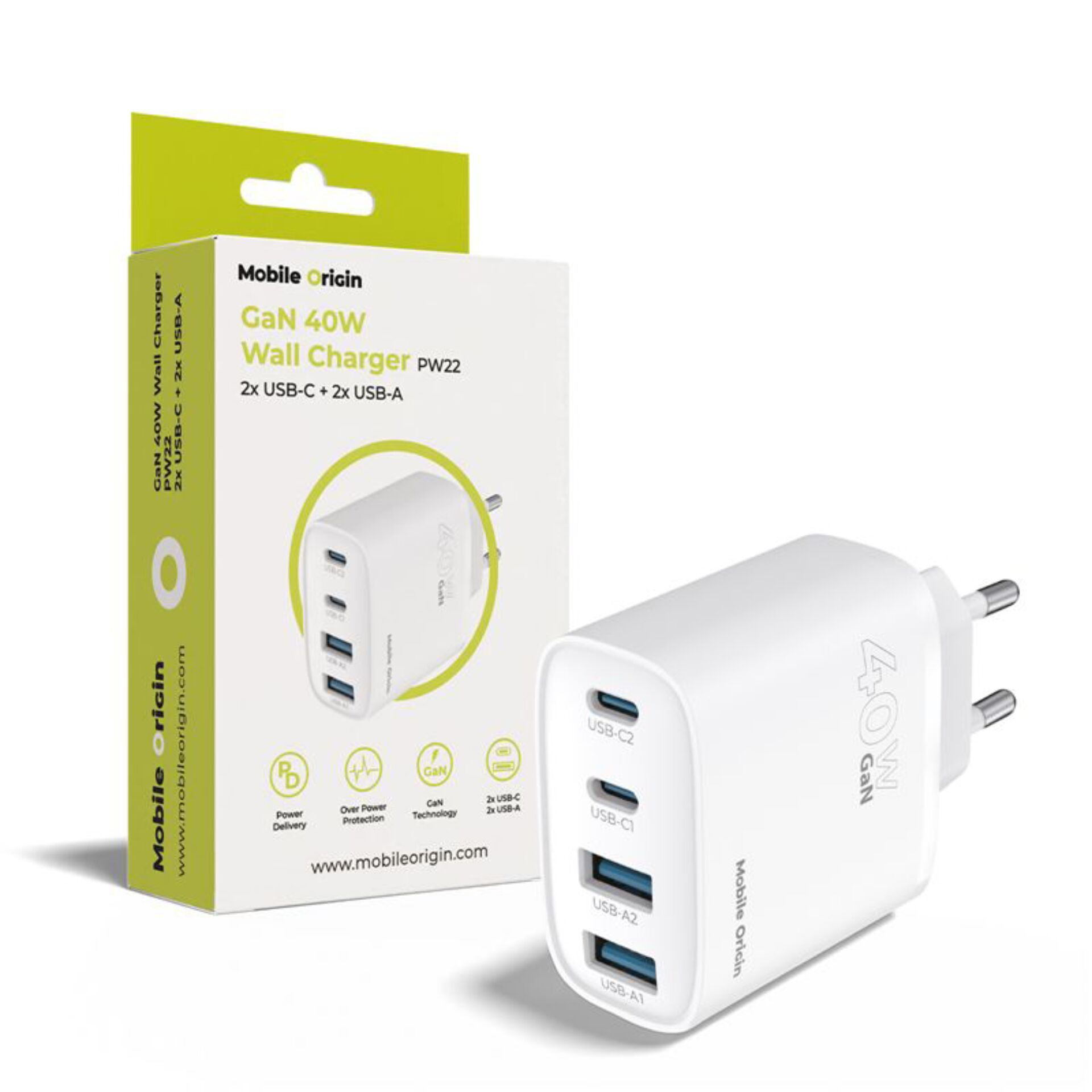 Wall Ladegerät, GaN Ladegerät, USB-C Anschlüsse, 4A Ausgang, USB-A Anschluss