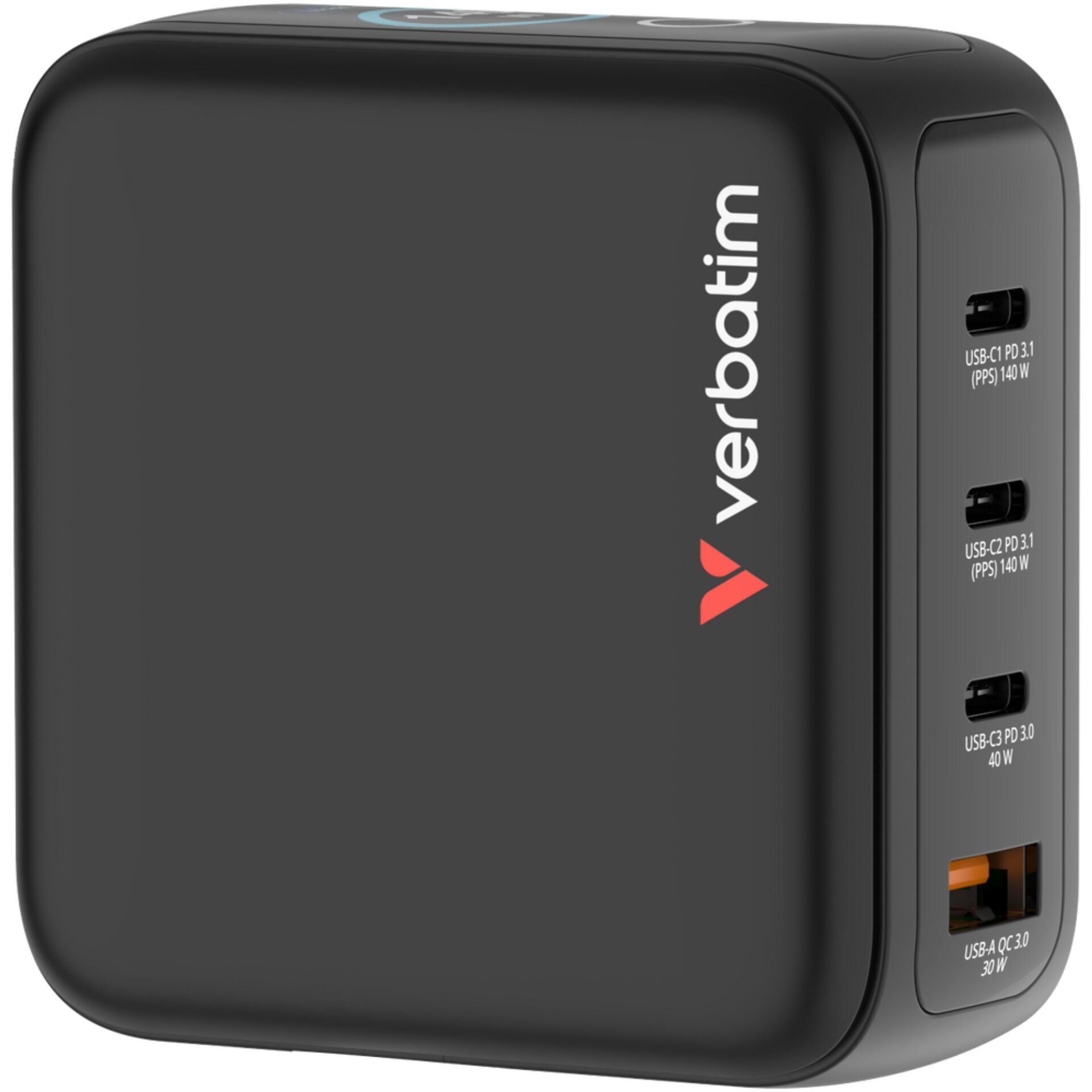 Ladegerät, USB-PD, Mehrfachladegerät, Schwarz, Verbatim: Seitliche USB-C/USB-A Ports