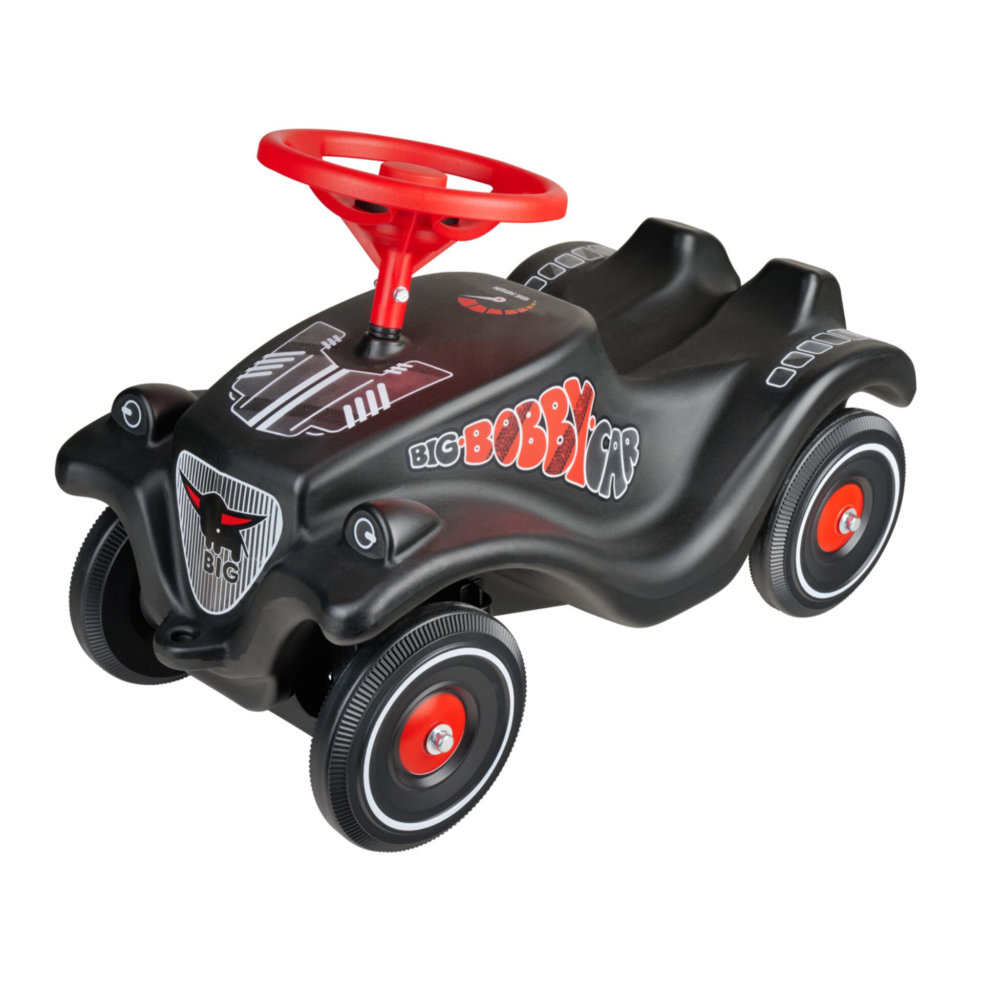 Kinderrennwagen, Steuerungslenkrad, Schwarzer Wagen, Roter Lenkrad, Große Räder