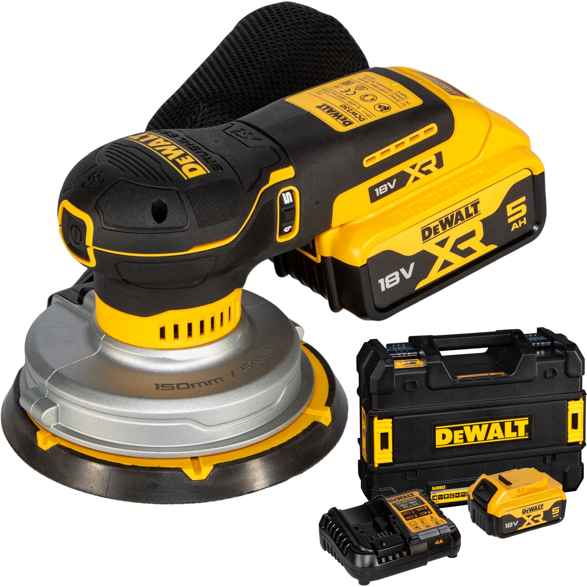 Akku-Bohrschleifer, Koffer-Nutzen, 18V, XR, DeWalt, Akku-Exzenterschleifer, 18 V, 150-mm-Schleifteller, Gelb-Schwarz, Mit Akku und Koffer