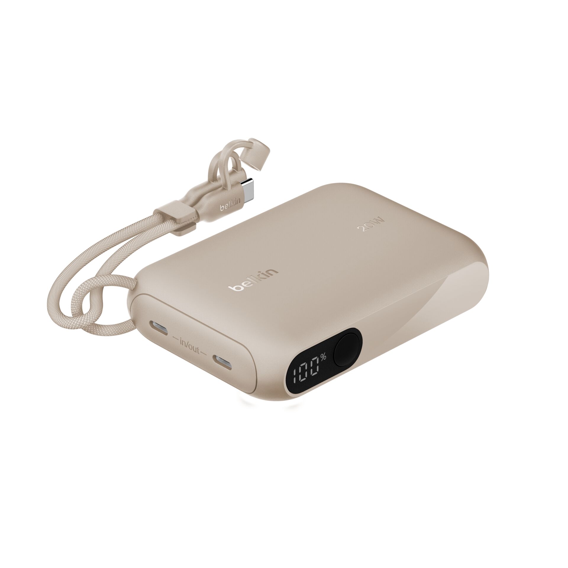 Powerbank, Tragbares Ladegerät, USB-C, digitales Display, Beige