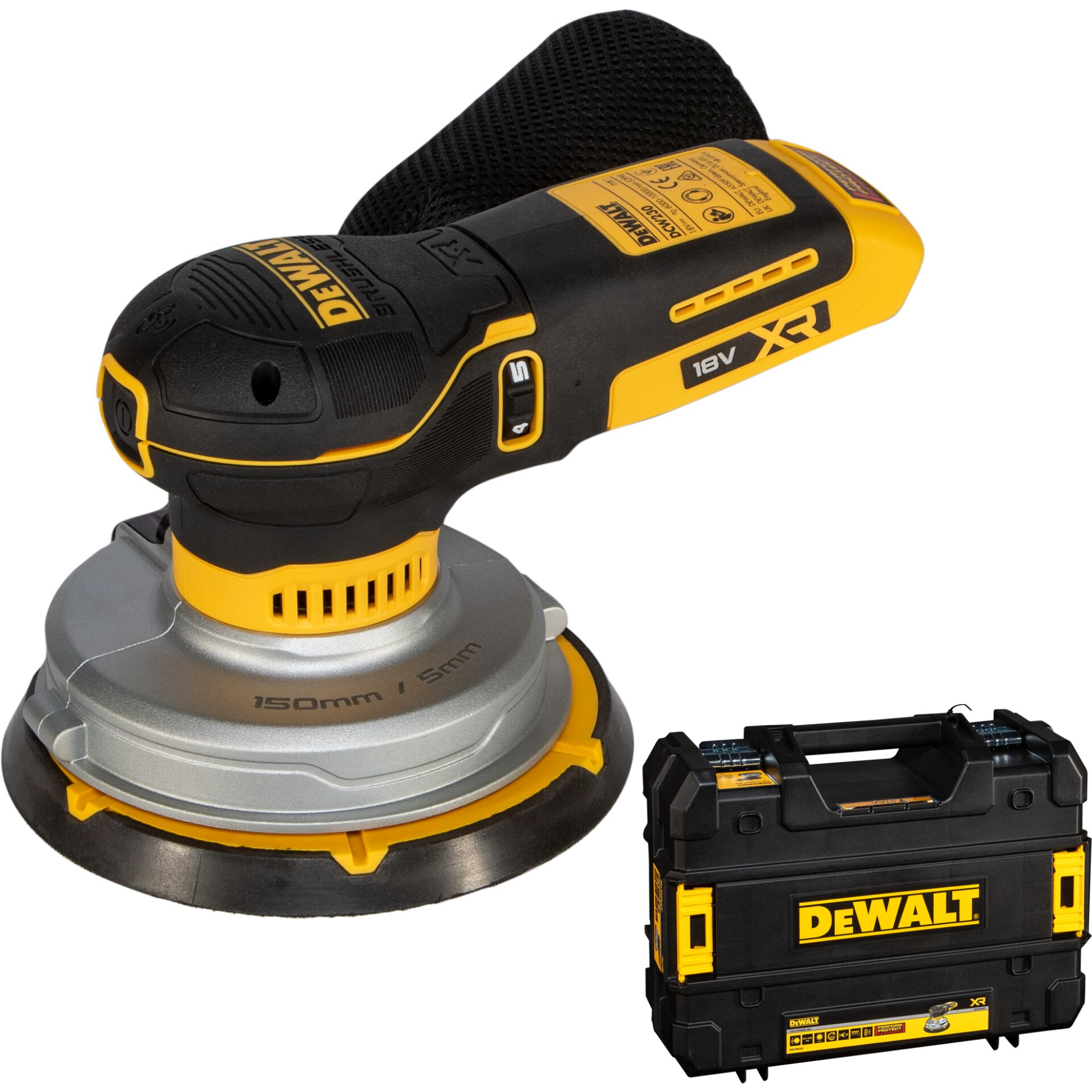 Akku-Exzenterschleifer, 18 V, 150 mm Schleifteller, Schwarz-gelb, Transportkoffer