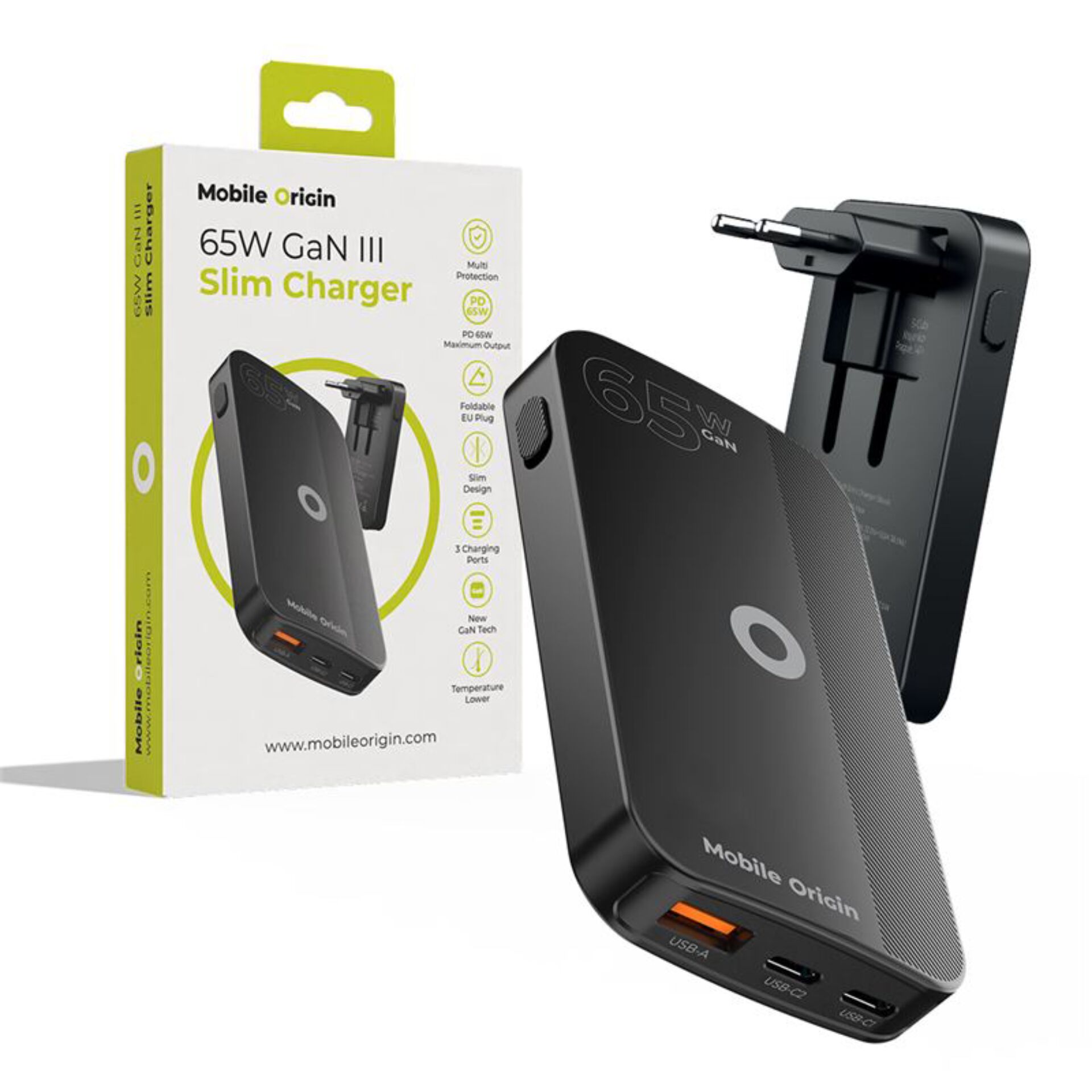 Schlankes Ladegerät, 65W GaN, USB-C, USB-A, Multiplattform-Anschluss