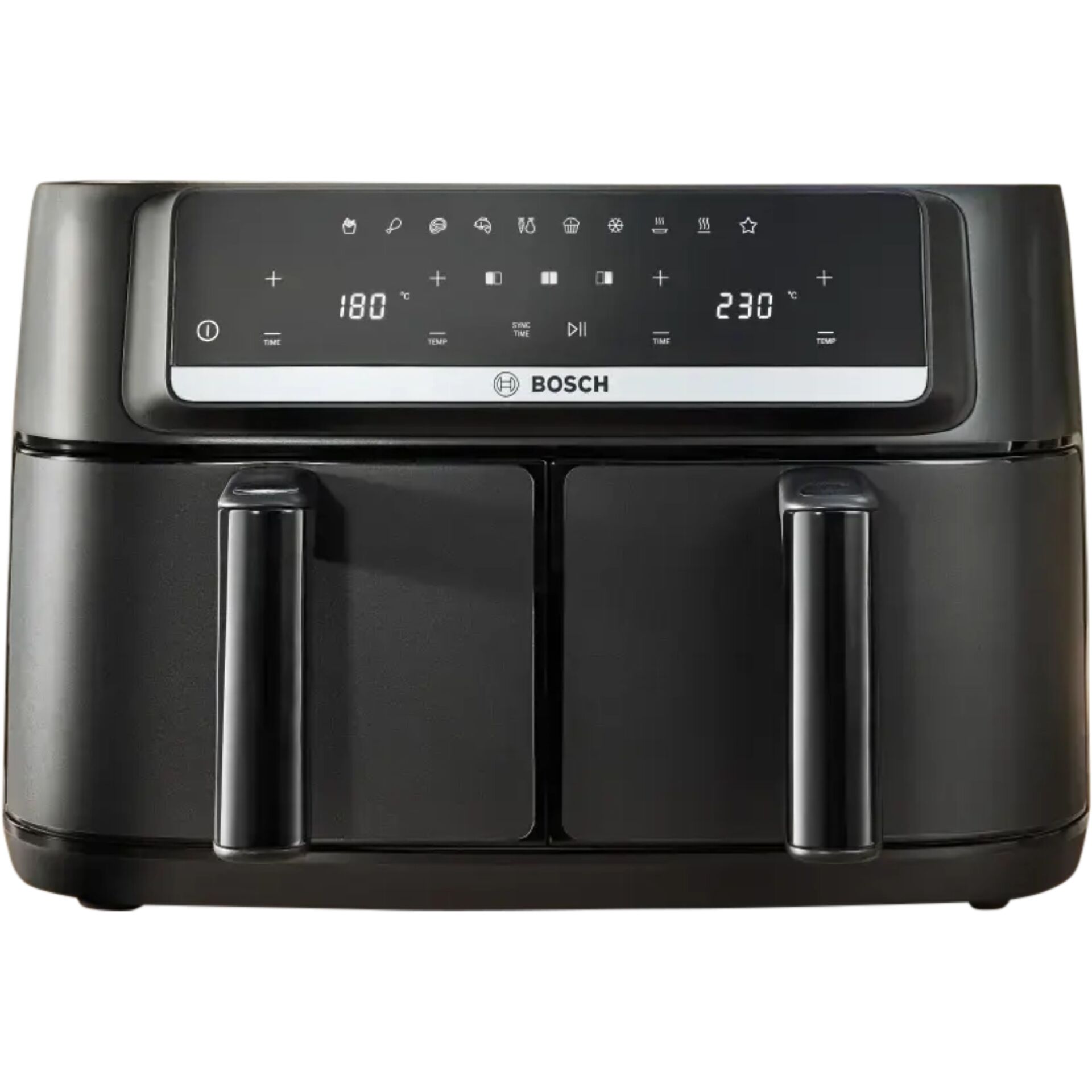Air fryer, Twin basket, Schwarz, Digitale Anzeige, Bosch sichtbar auf Front, Air fryer, Schwarz, Digitalanzeige, Doppelkorb, Bosch-Gerät