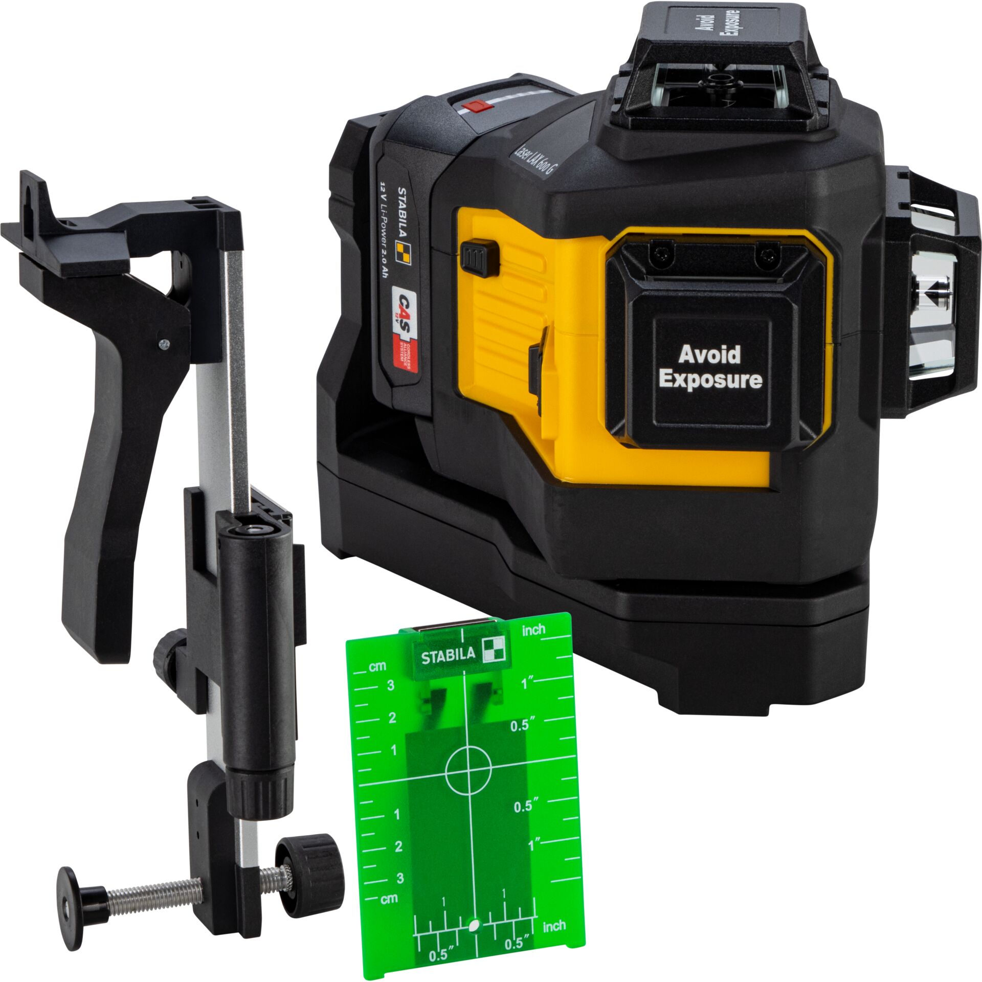 laser level, rotary laser, Montageset, Gehäuse gelb-schwarz, Wasserwaage grün