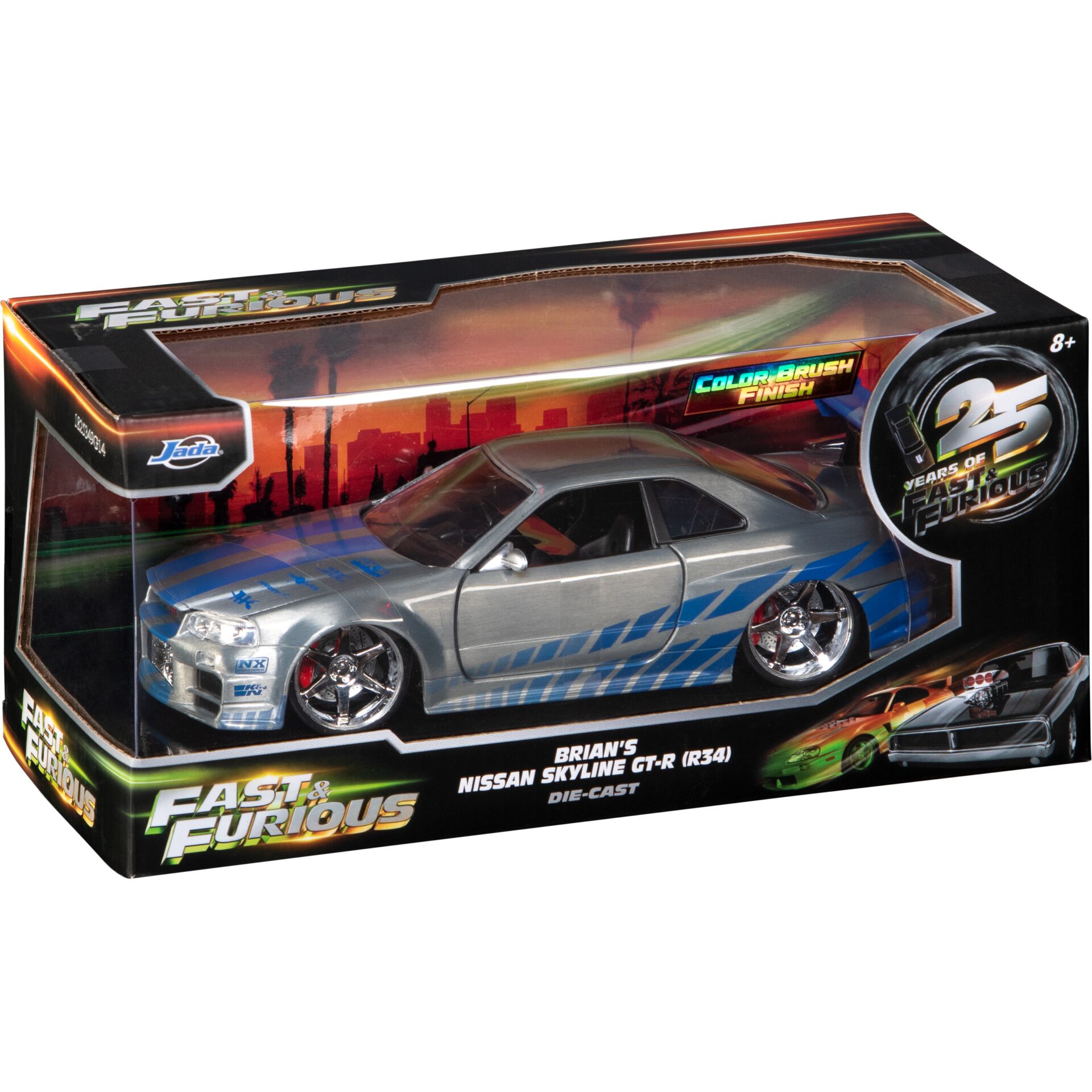 Nissan Skyline GT-R, Die-Cast, Modellauto, Silbernes Fahrzeug, blaue Grafik