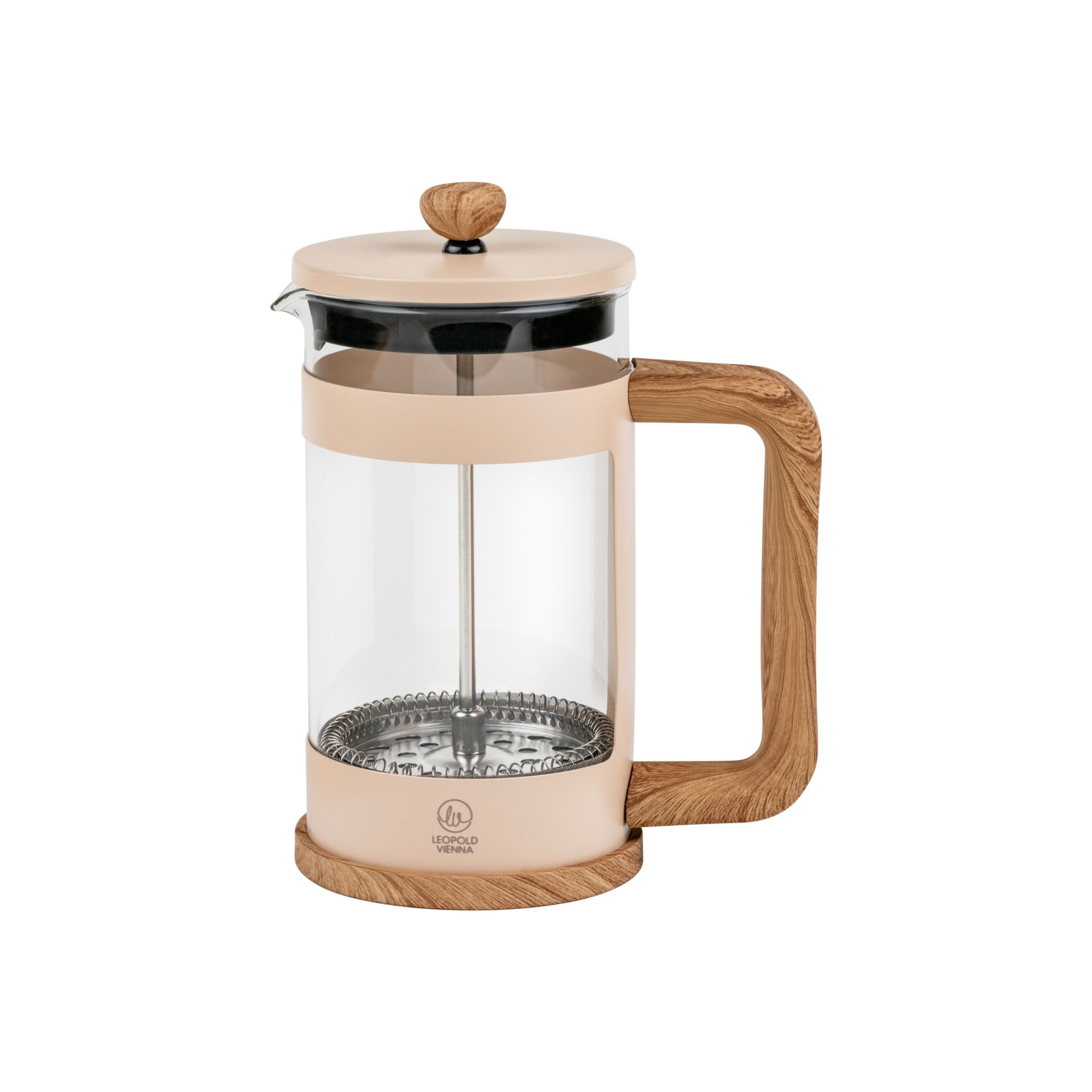 Französische Presse, Glas Karaffe, Holzgriff, Beige, Metallgitterfilter