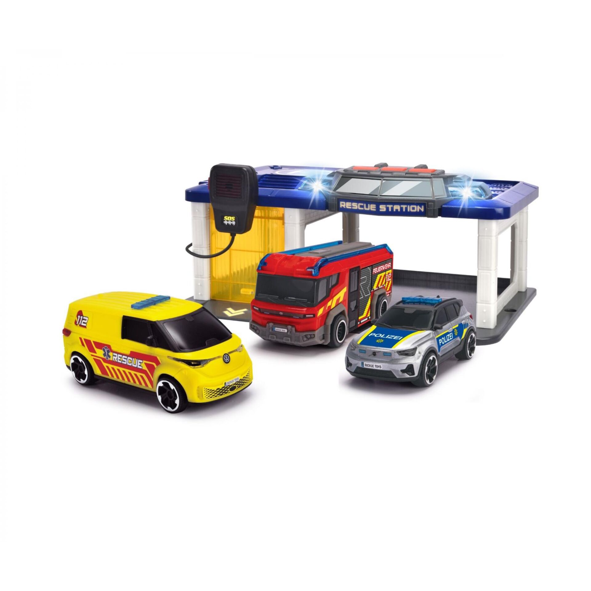 Spielzeugauto, Feuerwehrwagen, Polizeiauto, Rettungssstation, Spielset