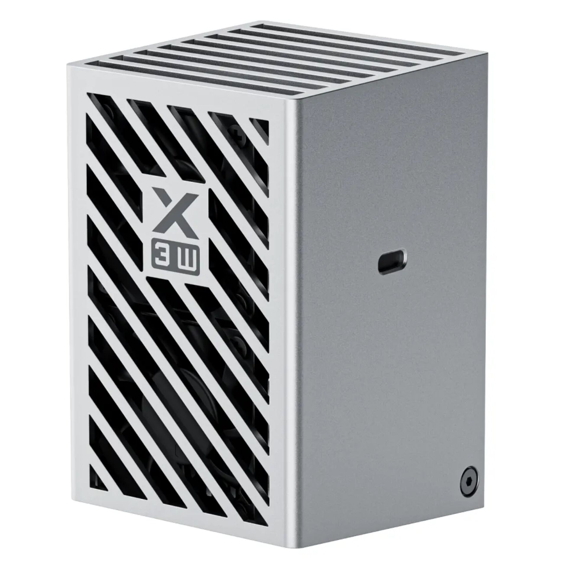 mini PC, kompakte Gehäuse,  Lamellen-Grill, silber, Kubus-Design