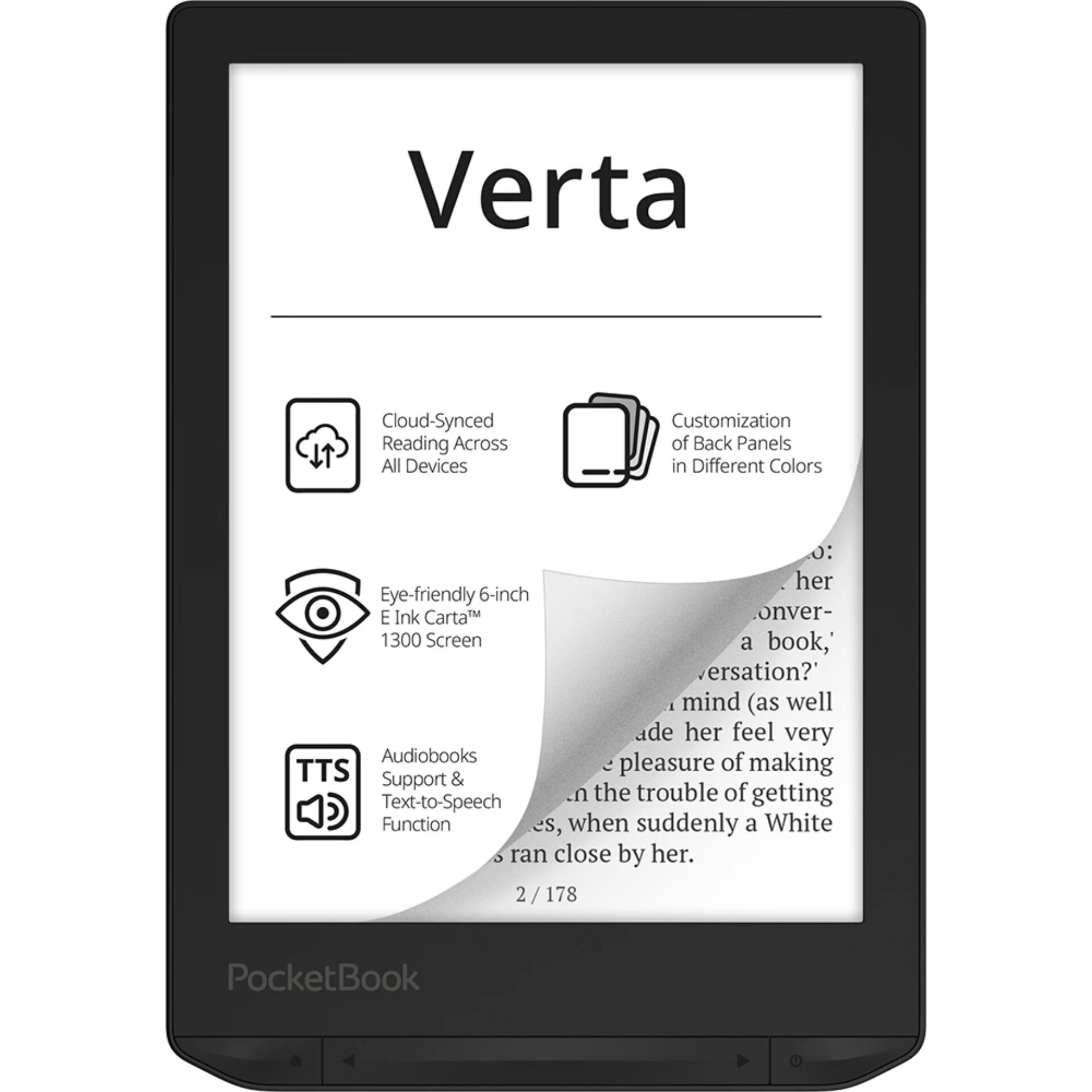 E-Book-Reader, E-Ink-Display, 6-Zoll-Bildschirm, schwarzes Gehäuse, Text-to-Speech