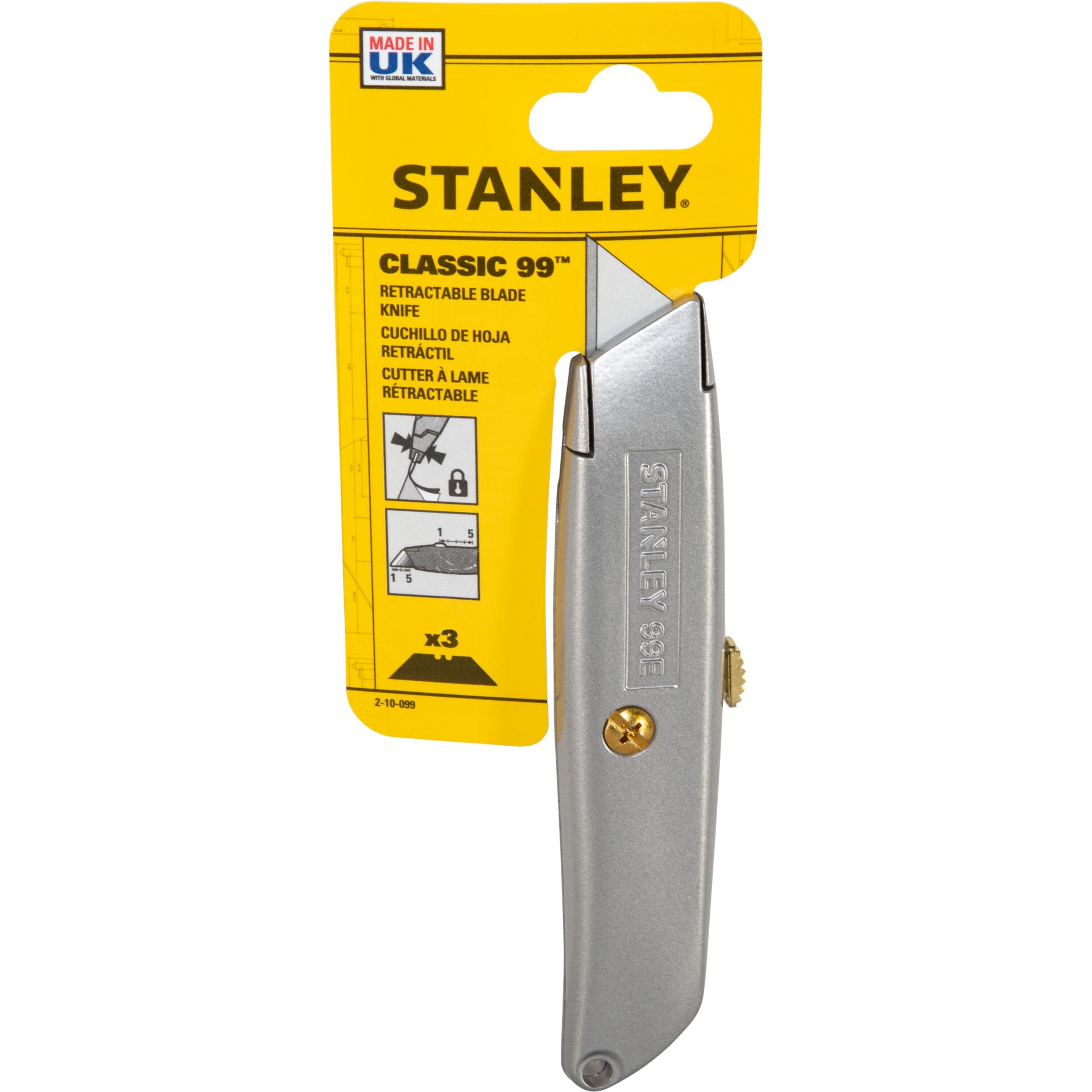 Spachtelmesser, Kunststoffgriff, Stanley 99E, Klebemesser, Kunstwerkzeug, Stanley Messer, Verstellbare Klinge, Drahtmesser, Metallgriff, Gelbe Verpackung