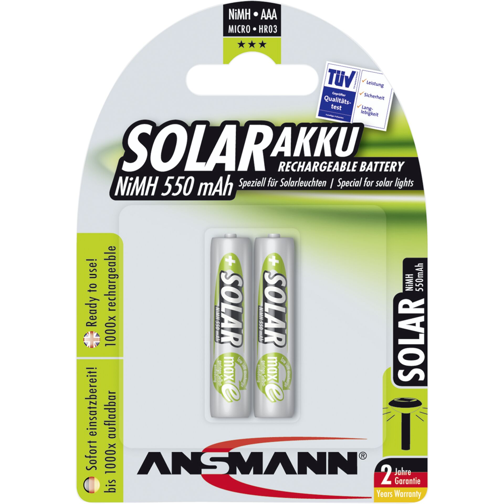 1x2 Ansmann maxE NiMH rech.bat.  Micro AAA 550 mAh SOLAR