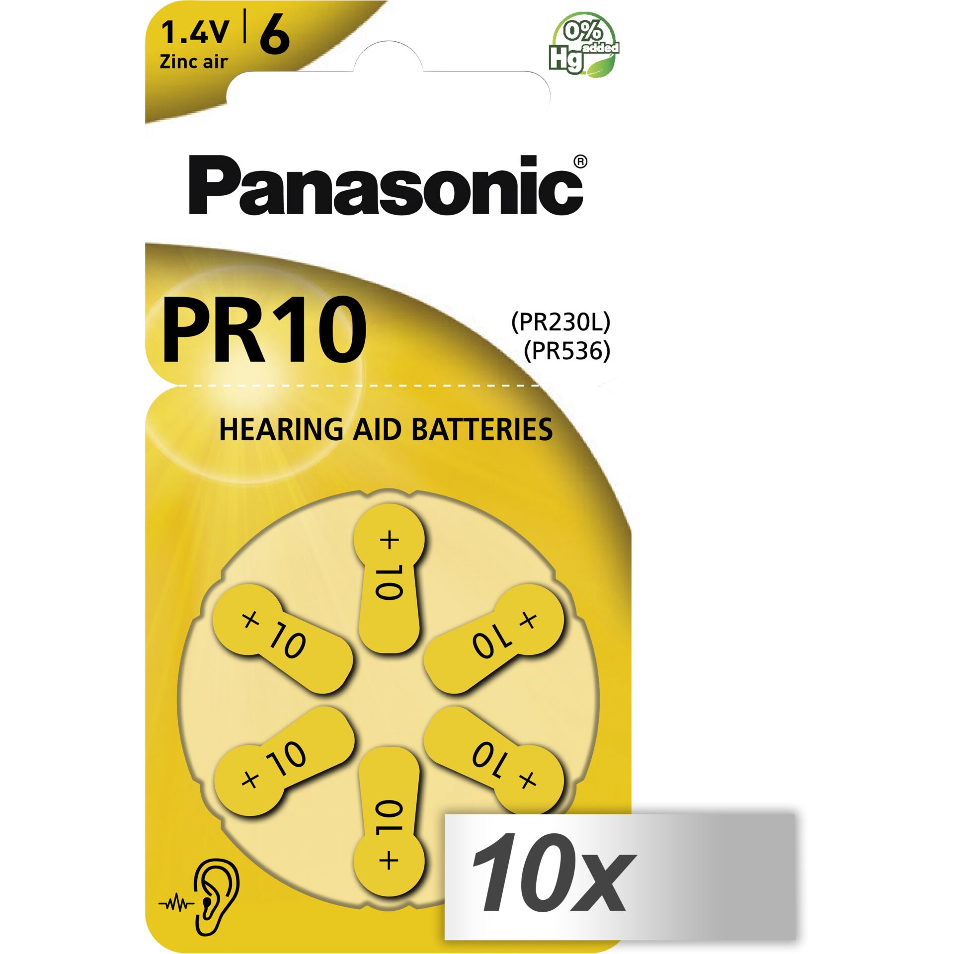 10x1 Panasonic PR 10 Hearing Aid  Batteries Zinc Air 6 pcs.