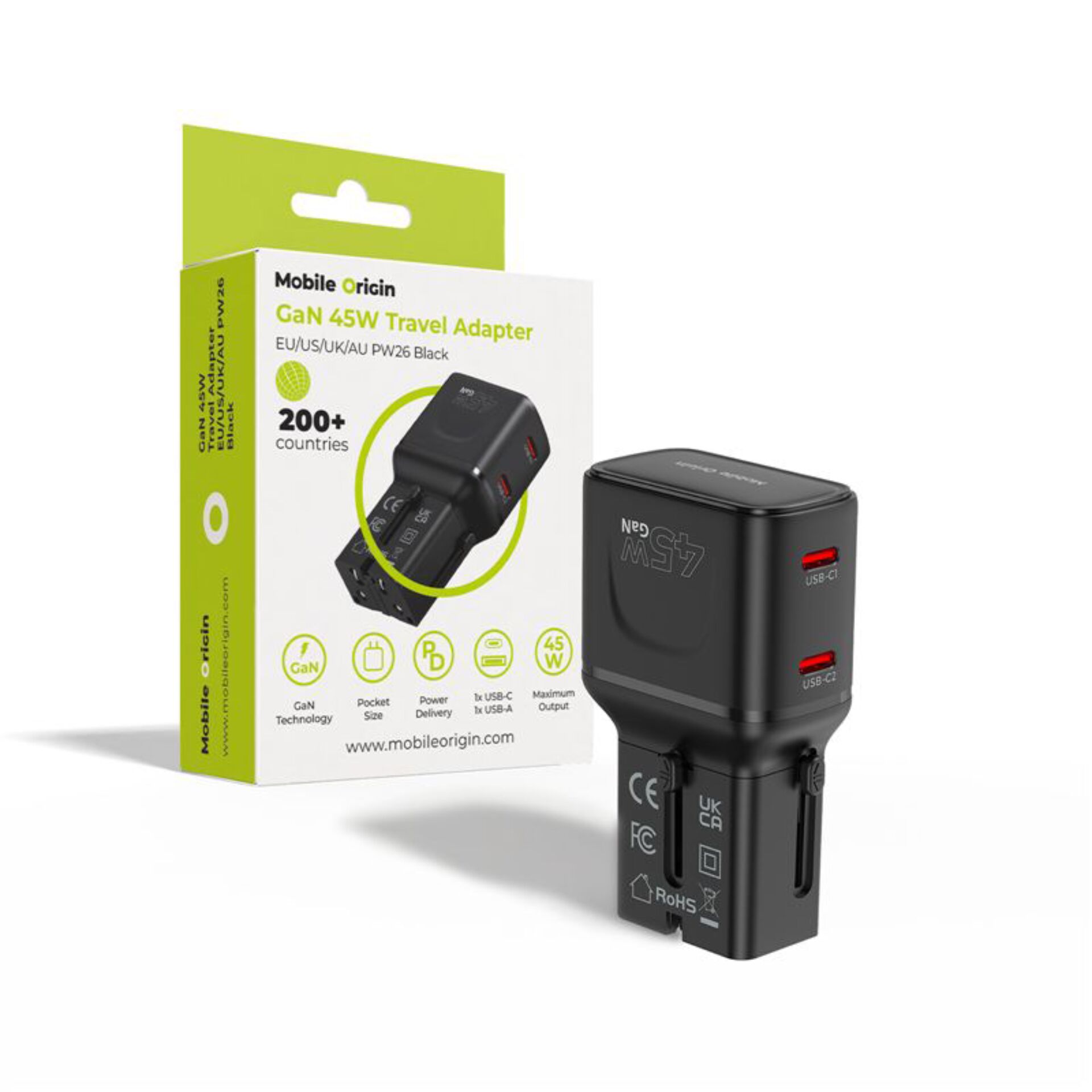 GaN-Reiseadapter, USB-C, USB-A, Schwarz, Kompaktes Design