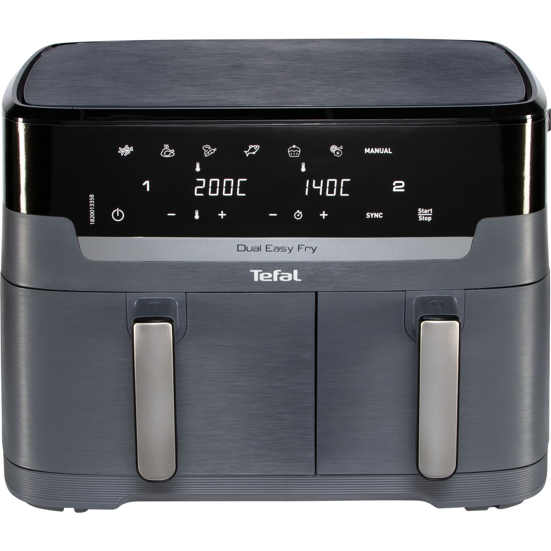 Heißluftfritteuse, Doppelkammer, Digitaldisplay, Edelstahloptik, Schwarz und Silber, Heißluftfritteuse, Doppelkammer, Digitaldisplay, Edelstahloptik, Zwei Frittierkörbe