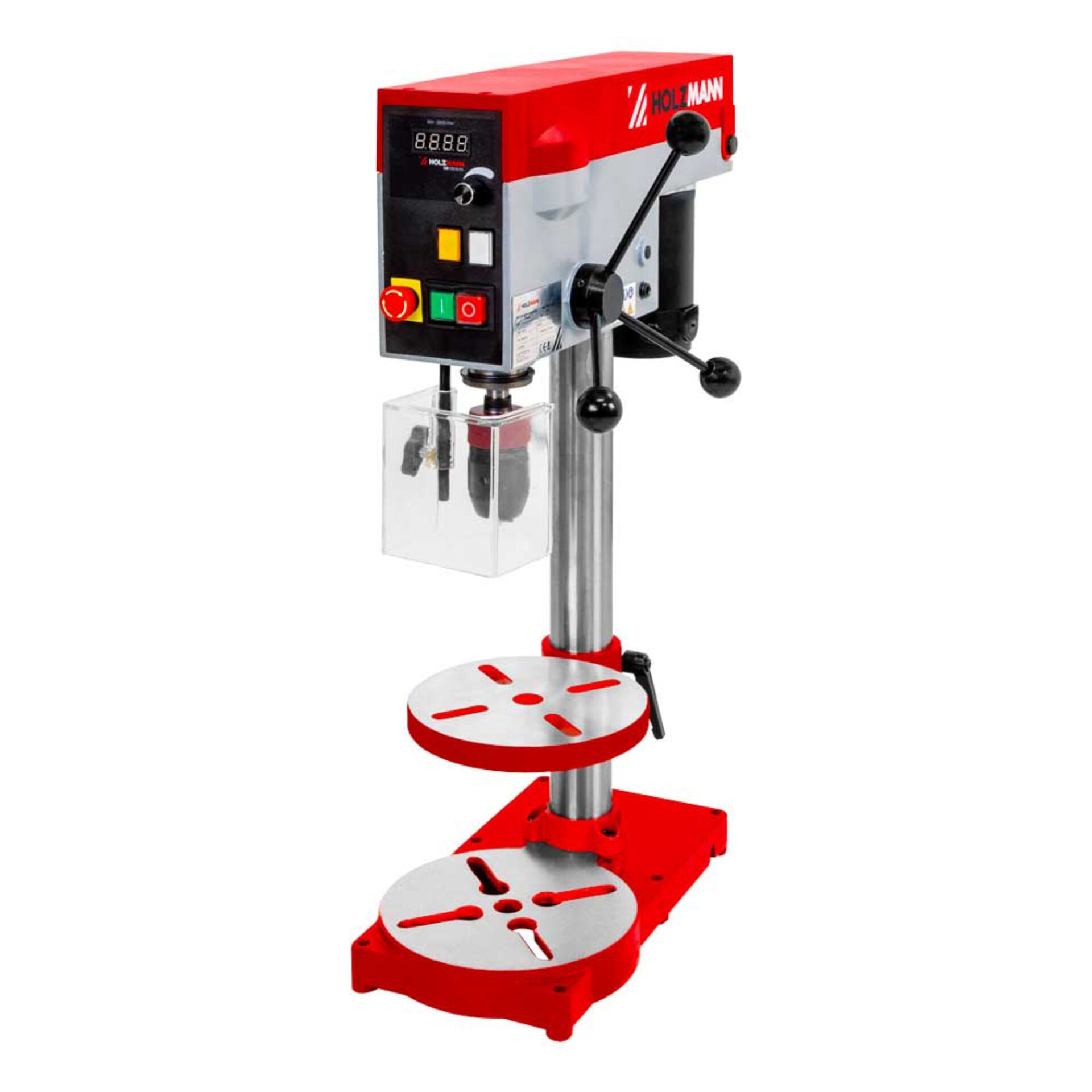 Säulenbohrmaschine, Tischbohrmaschine, Metallgehäuse, Rot-Silber, Bohrfutterschutz