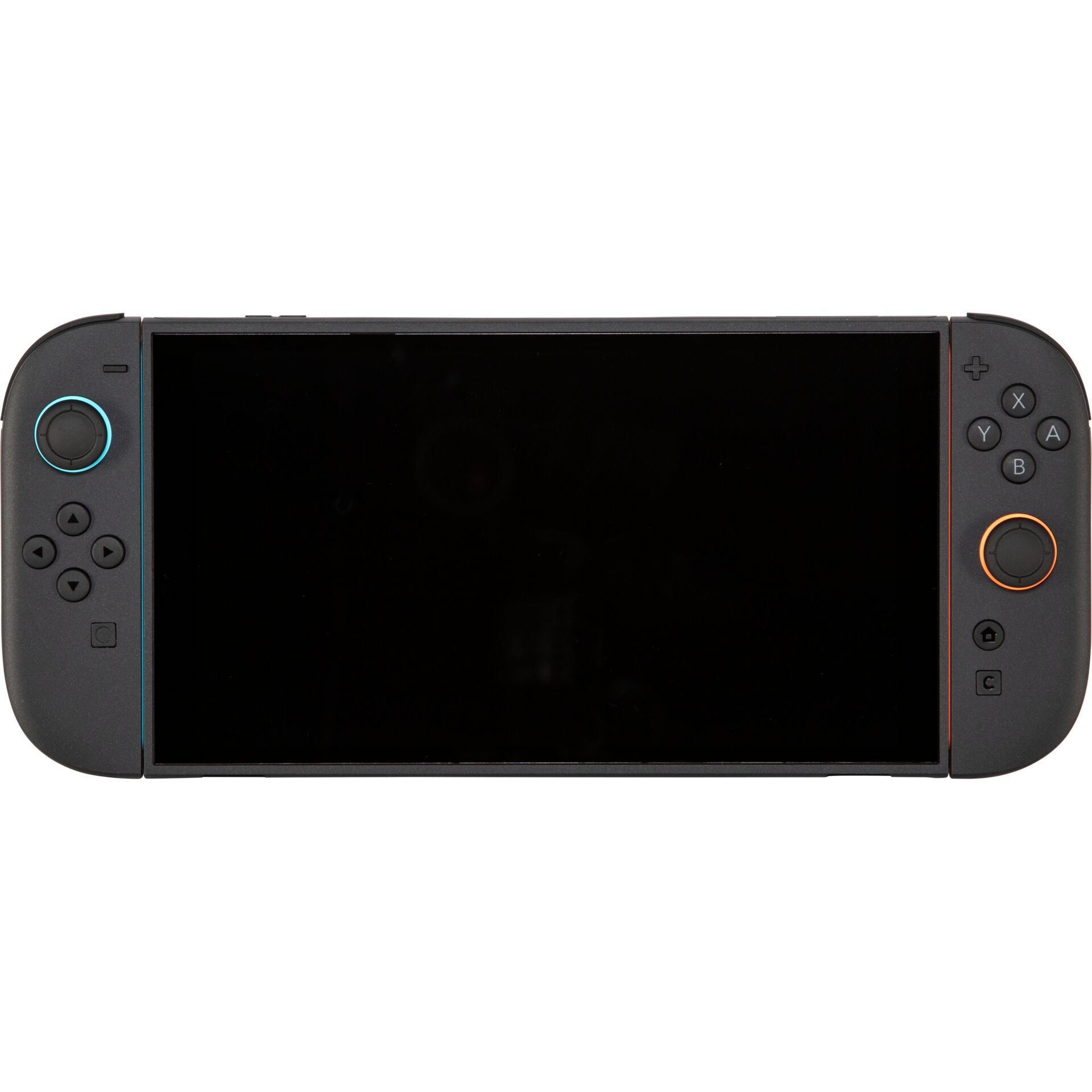 handheld console, gaming device, neon blau Akzent, zwei Daumensticke, LCD-Bildschirm