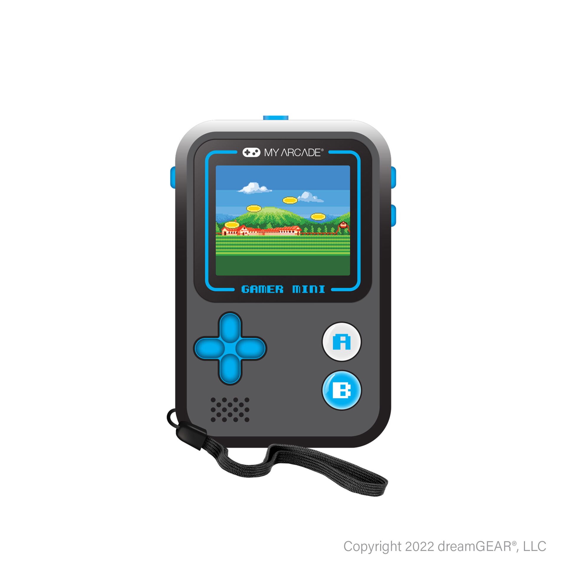 handheld gaming, game console, retro design, blue buttons, strap included