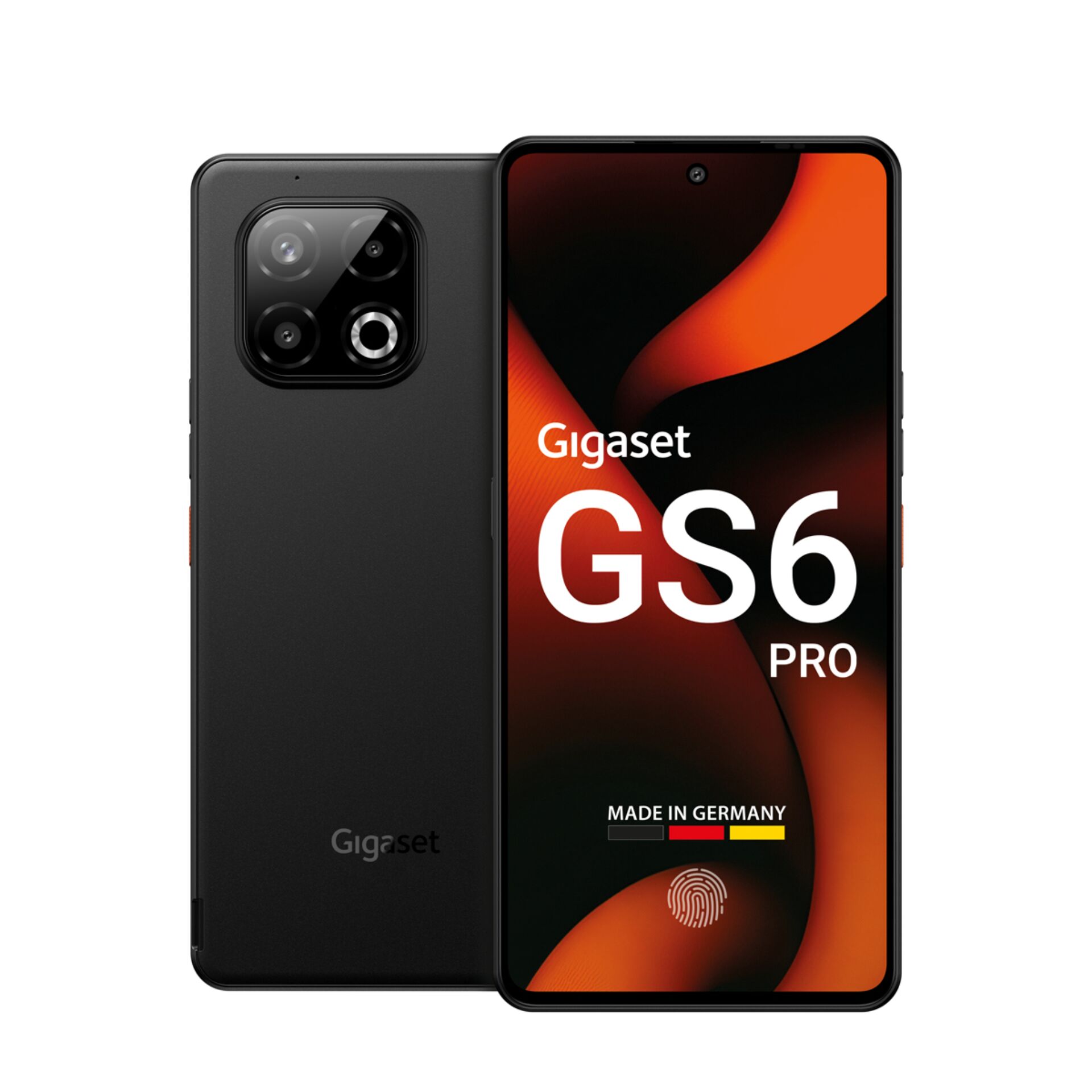 smartphone, Gigaset GS6 Pro, schwarz, Kameraquadruplet, Fingerabdrucksensor