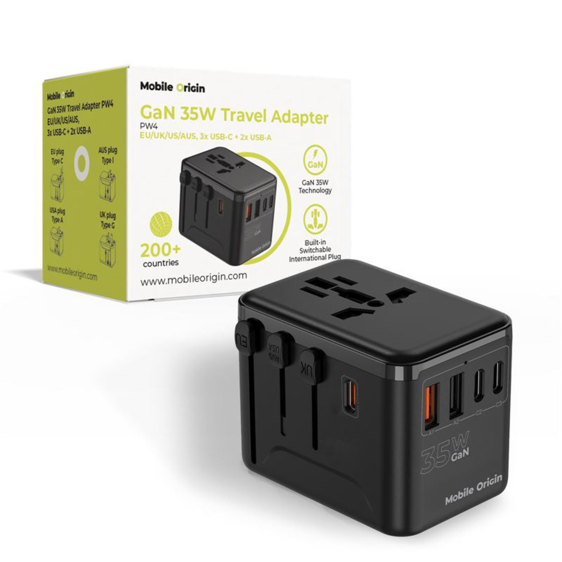 GaN travel adapter, 3 USB-A ports, USB-C port, Kompakte schwarze Adapterbox, Internationaler Stecker