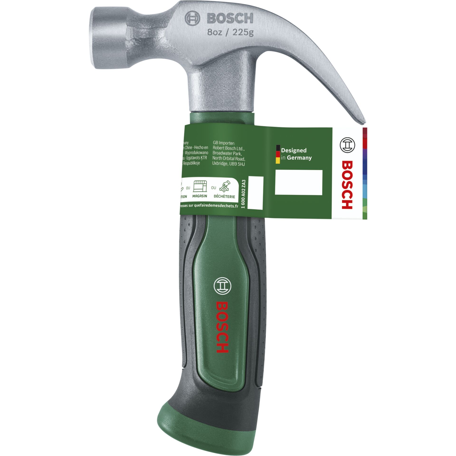 Hammer, Kreuzhaken, Metallkopf, Grüner Griff, Bosch-Aufdruck, Hammer, Claw hammer, Stahlkopf, Grüner Griff, Bosch Marke