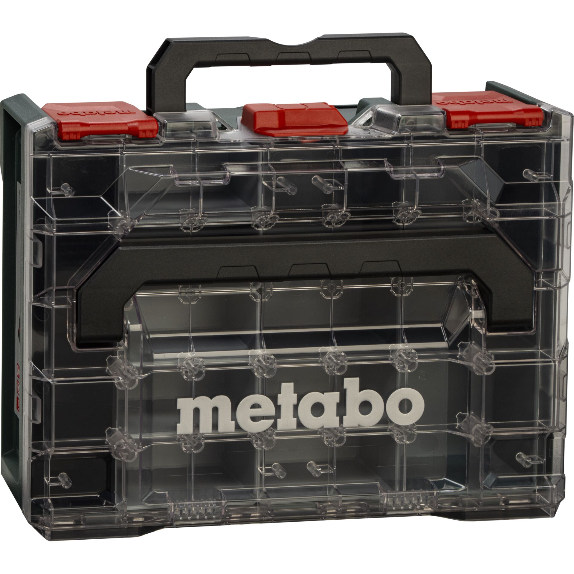 Werkzeugkasten, Aufbewahrung, transparent, rote Verriegelung, Metabo