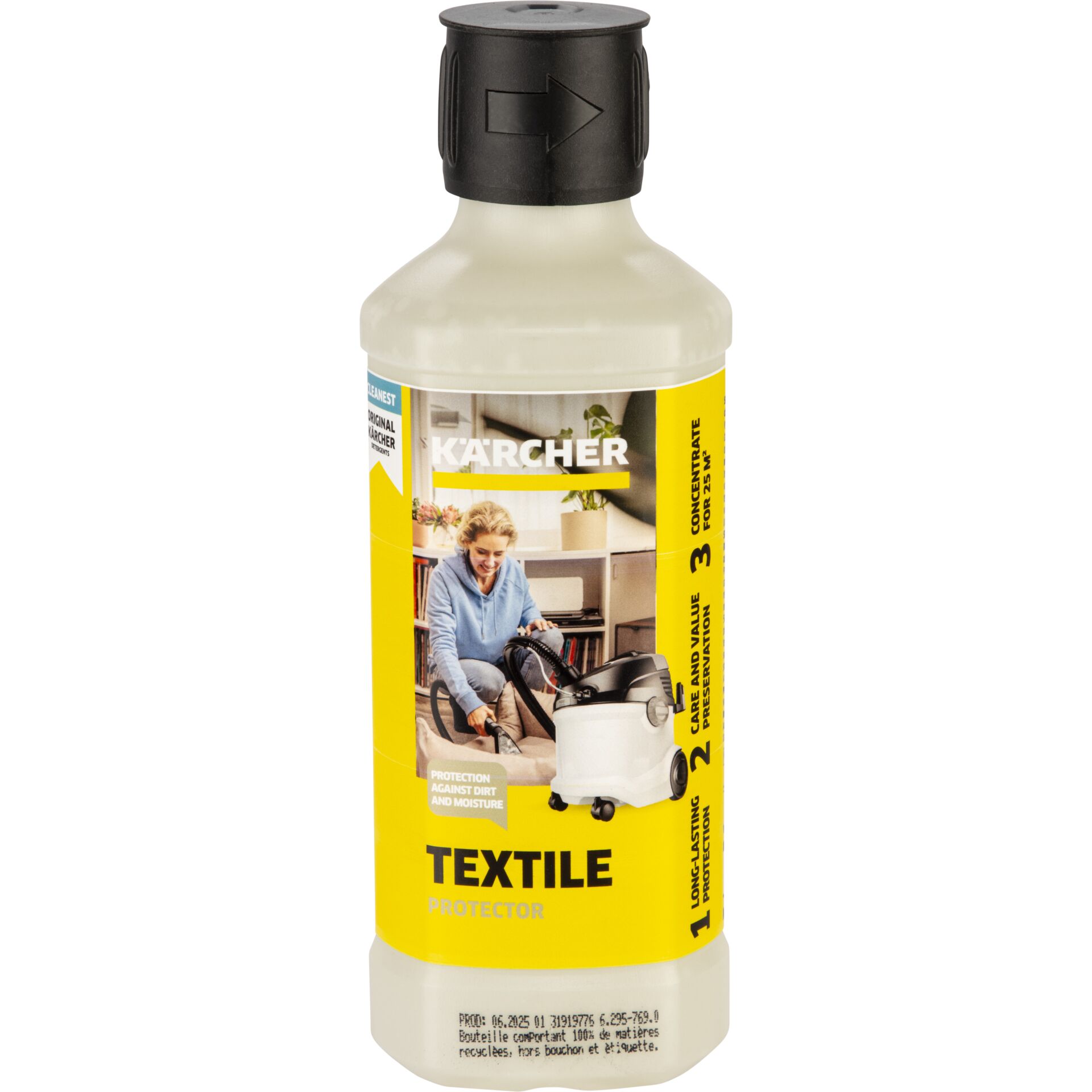 Flasche, Person, Shaker, Flasche, Person, Shaker, textile protector, flakon textil, konzentrat, gelbe beschriftung, reinigungsmittel?