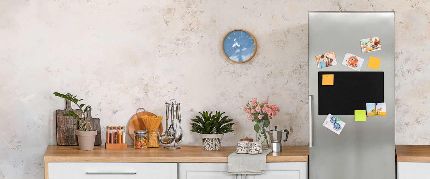kitchen, countertop, refrigerator, plant, flowers