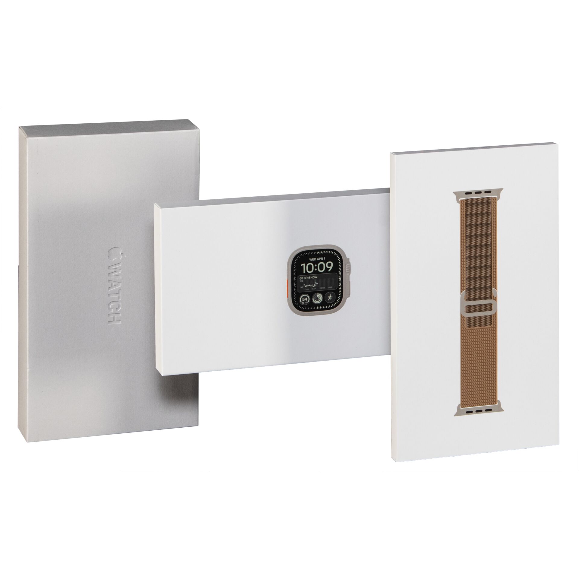 Apple Watch, Smartwatch, Runder Bildschirm, Brauner Armband, Metallische Box