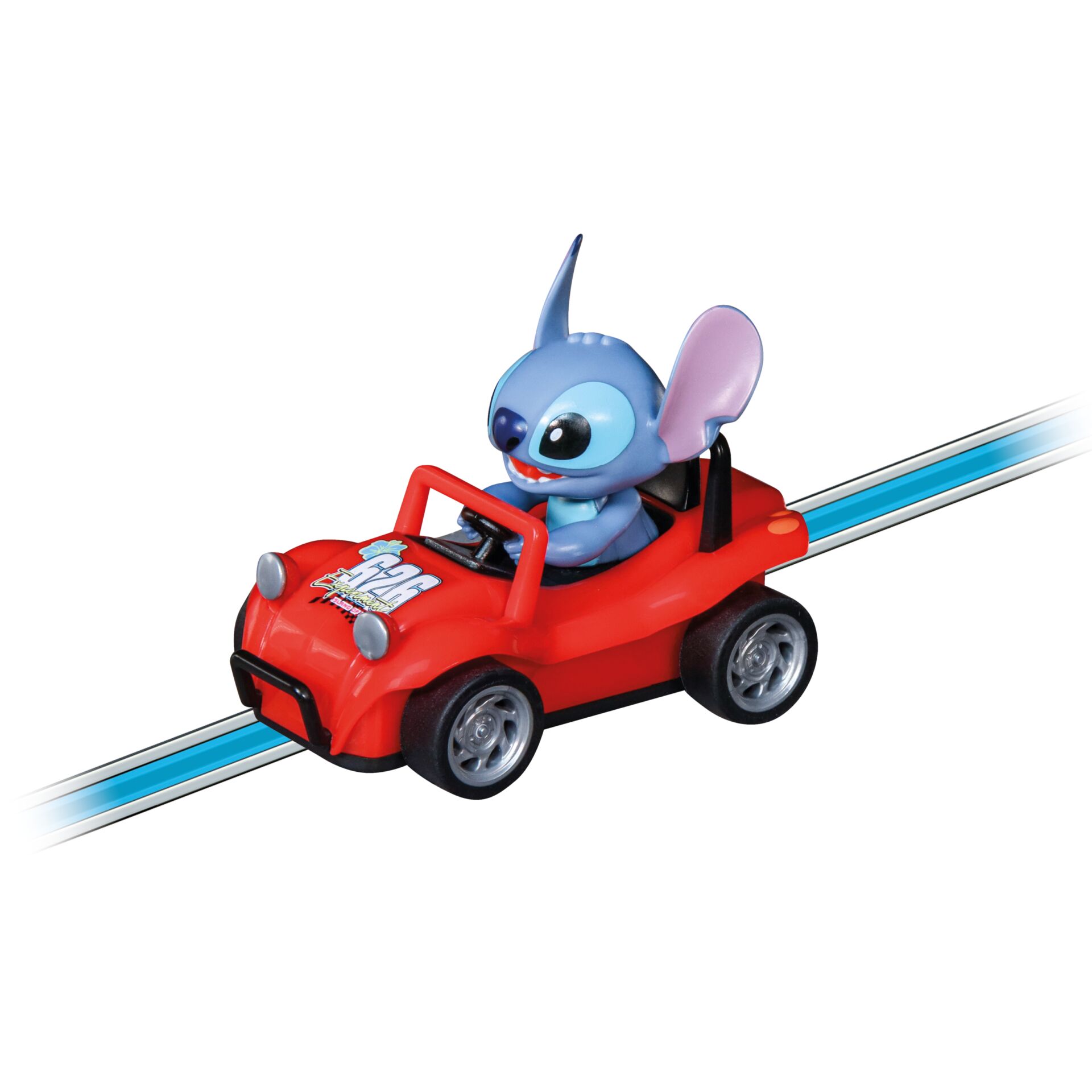 Spielzeugauto, rotes Rennfahrzeug, Figur im Auto, blauer Alien, Schienenfahrzeug