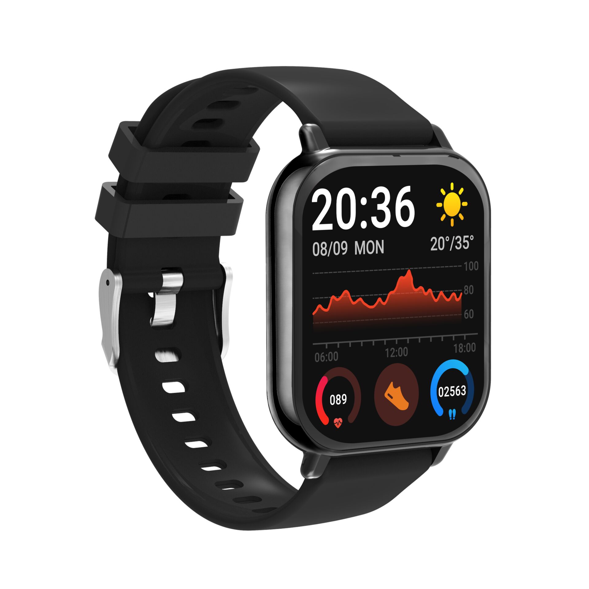 Smartwatch, Digital display, Silicone strap, Schwarz, Rundes Quadrat