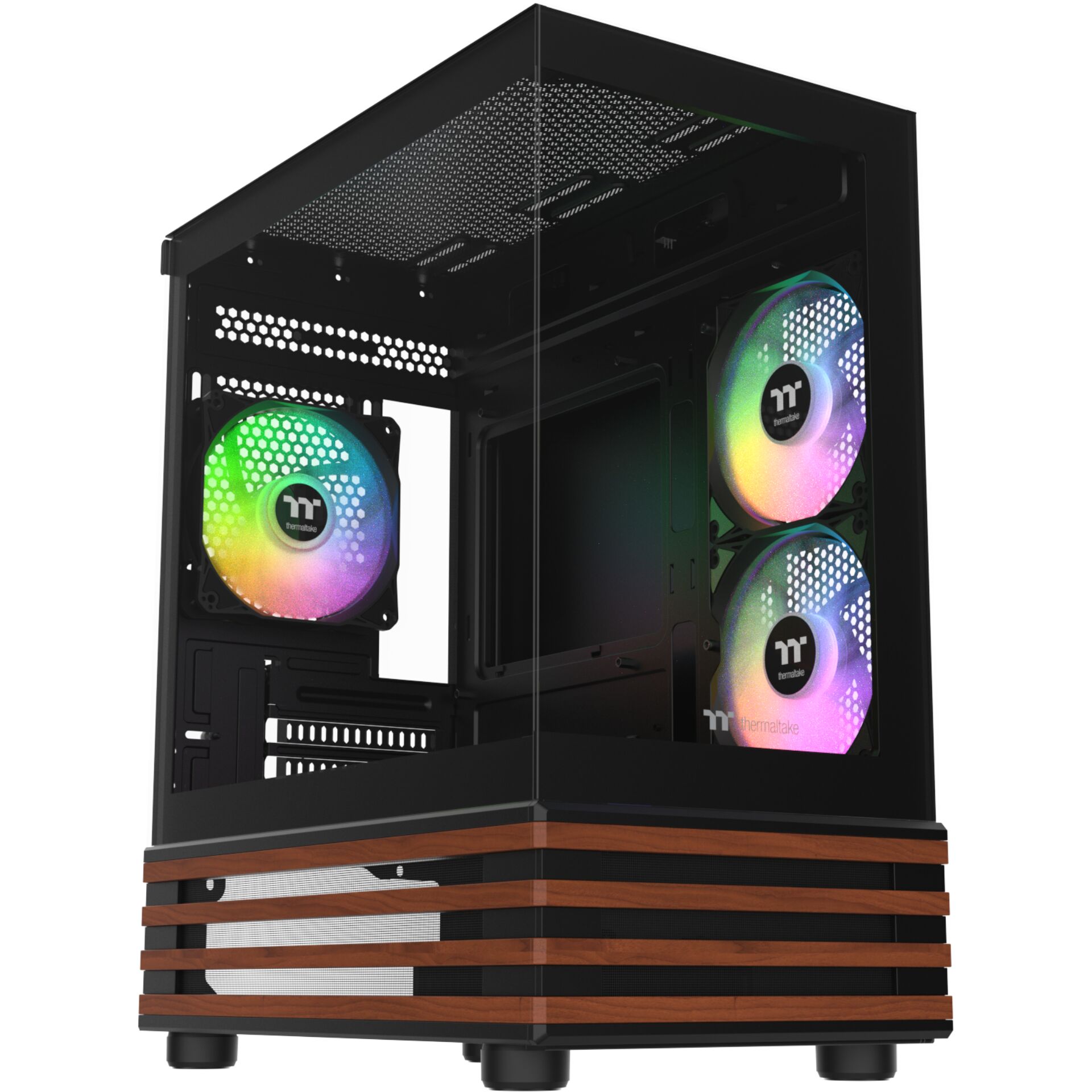 PC-Gehäuse, Midi-Tower, Glasfront, RGB-Fans, Schwarz-Holz-Design