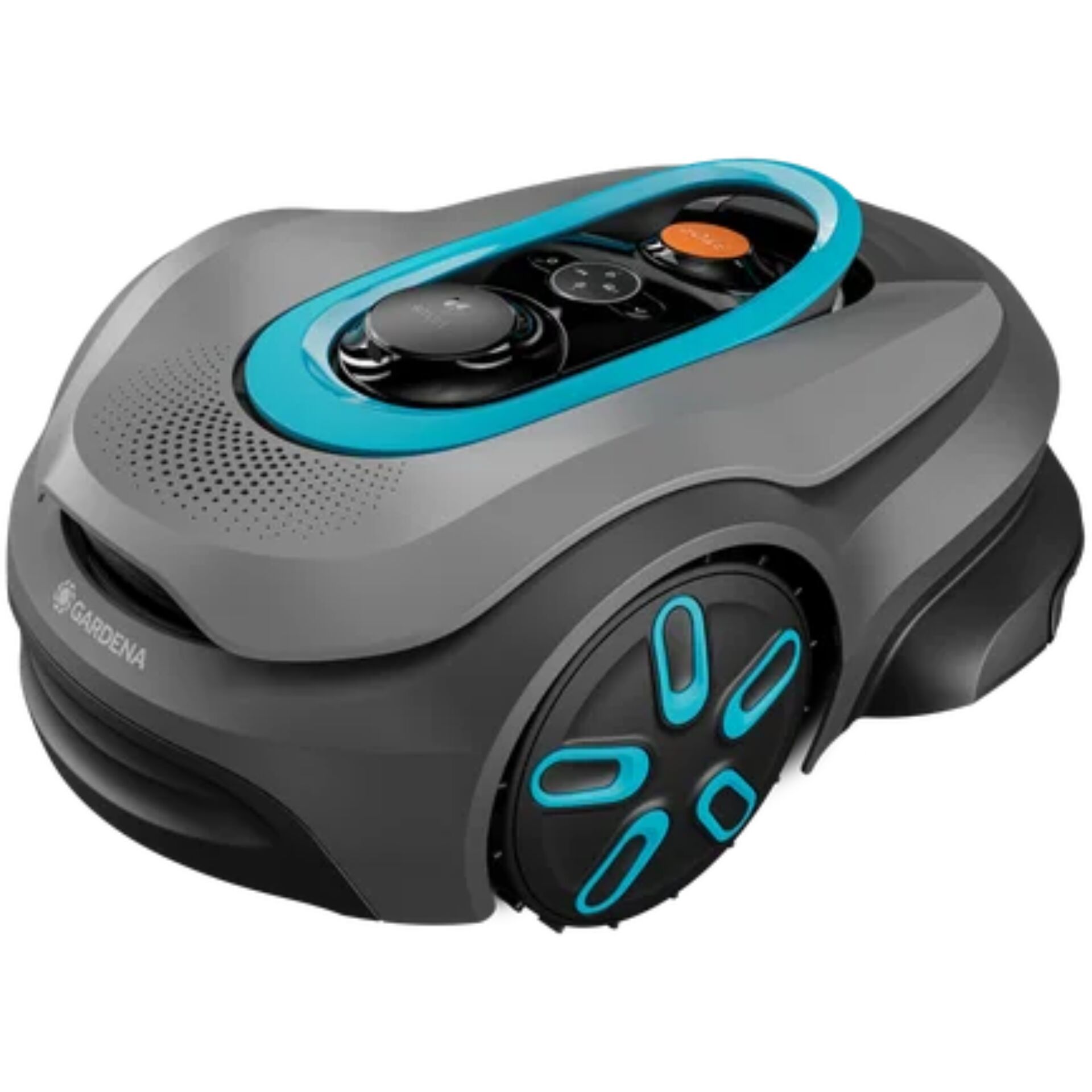 Rasenmähroboter, Akku-Rasenmähroboter, Grauer Roboter, Rasenpflege, Große Räder