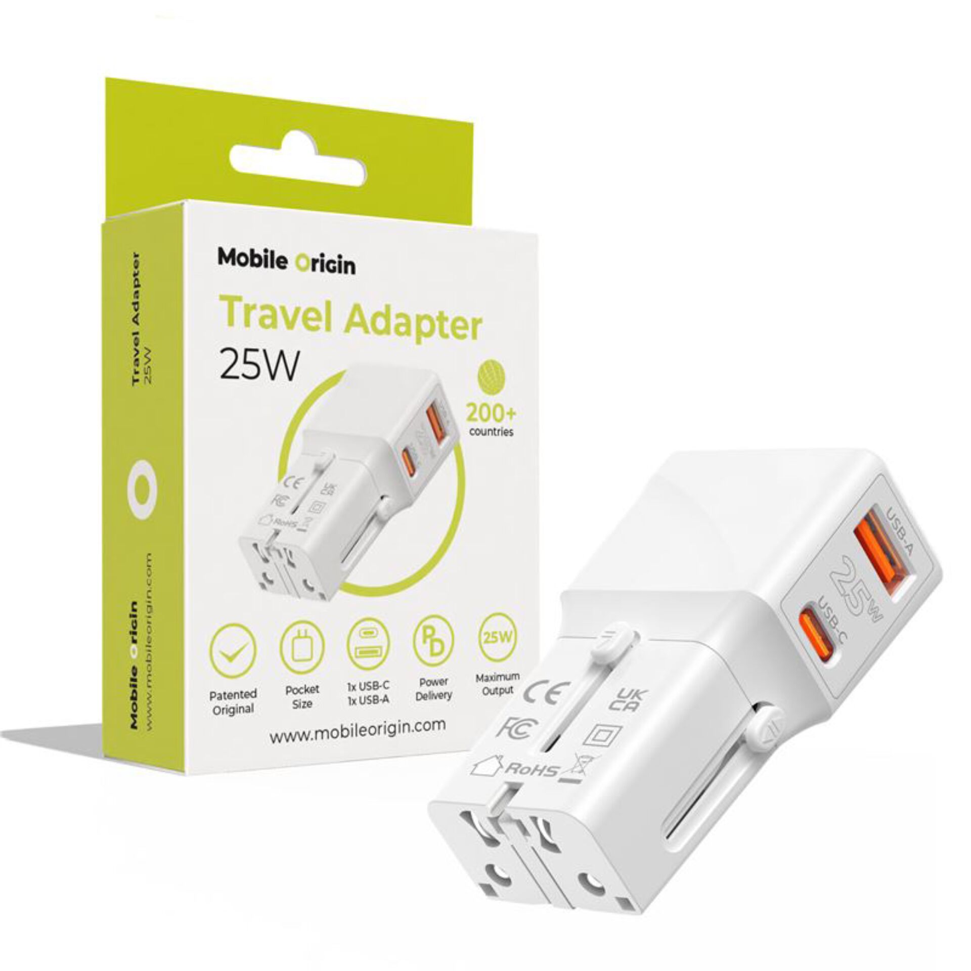 Traveladapter, USB-A, USB-C, 25W, Weiß