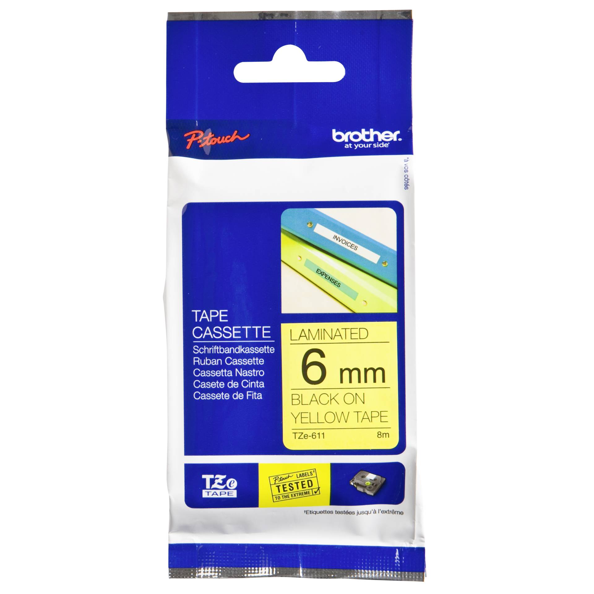 Brother Tasma laminowana  TZE-611 zolto-czarna 6 mm