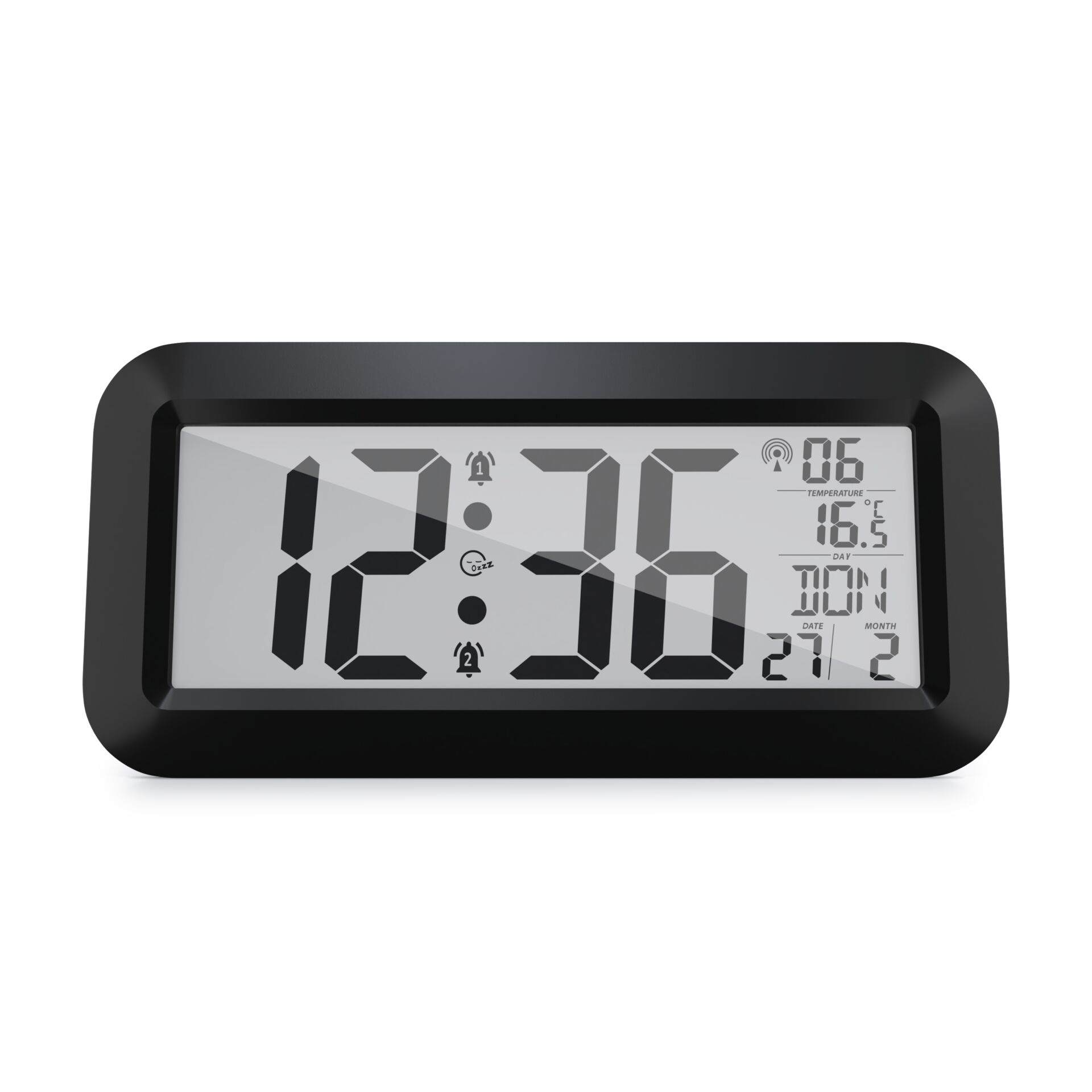 digitaler wecker, LCD-display, digitaluhr, rahmen schwarz, große ziffern