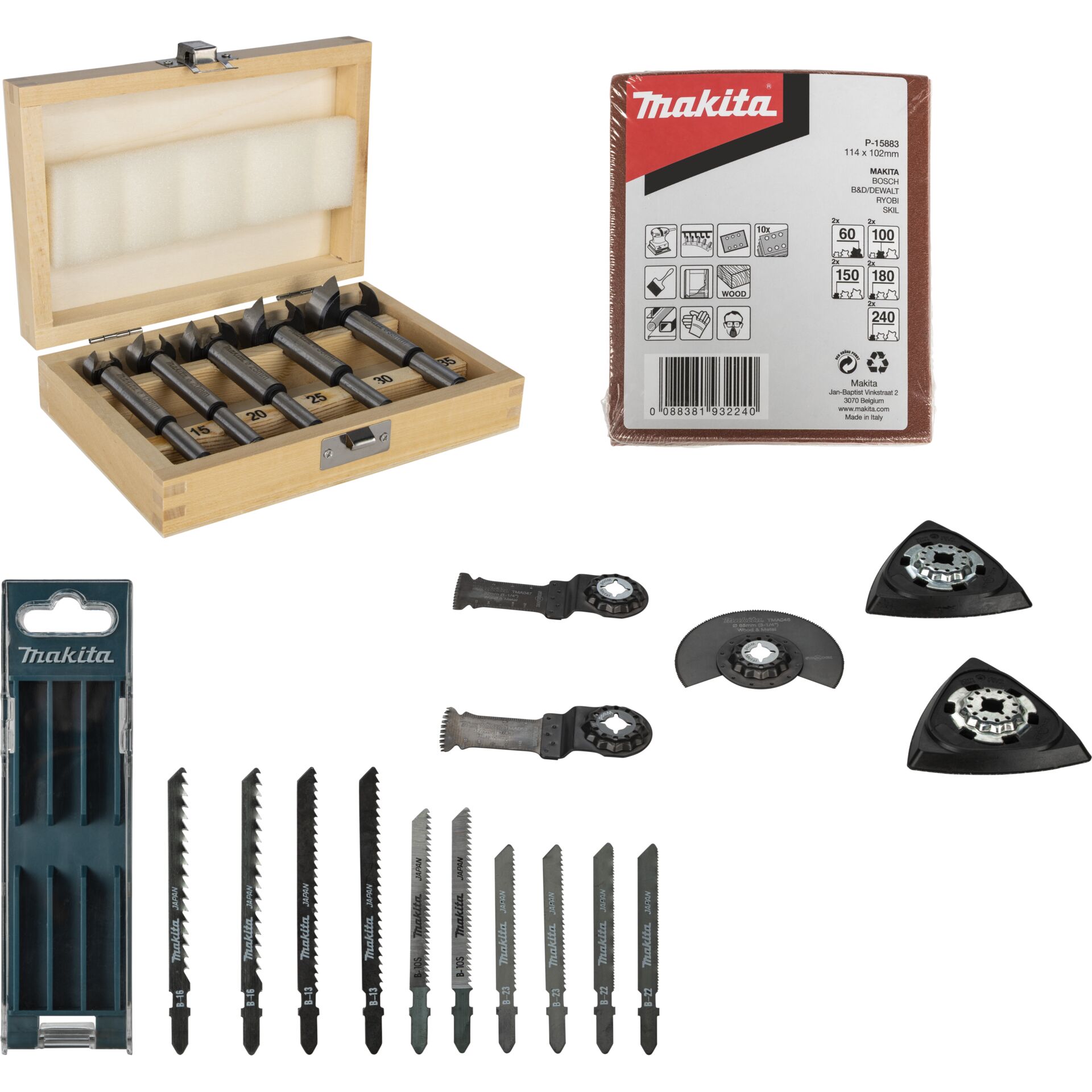 Holzwerkzeug-Set, Sägeblätter, Bohrer-Set, Trennscheiben, Schmier?