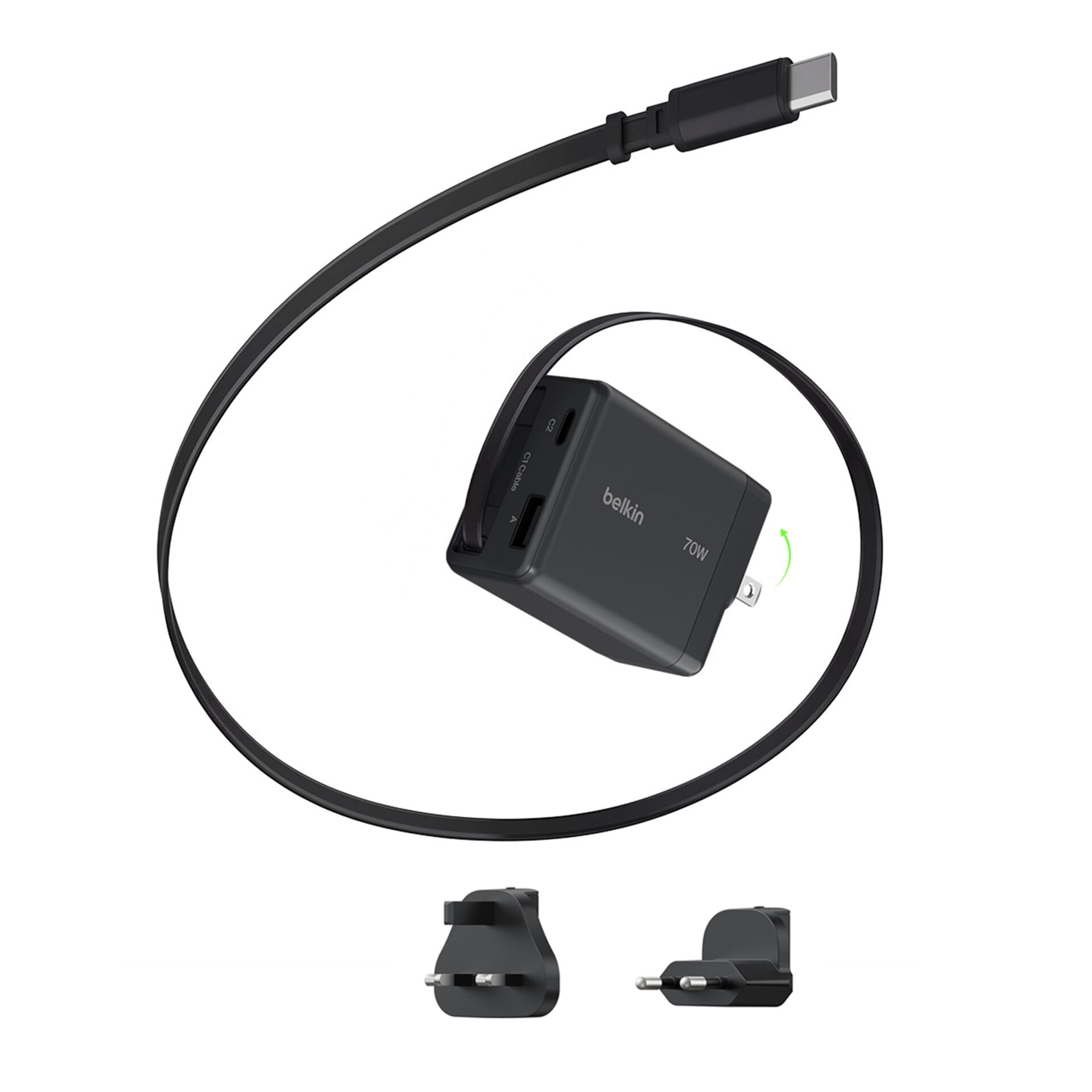 USB-C, Ladeadapter, 70W, USB-A, Kabelhalterung