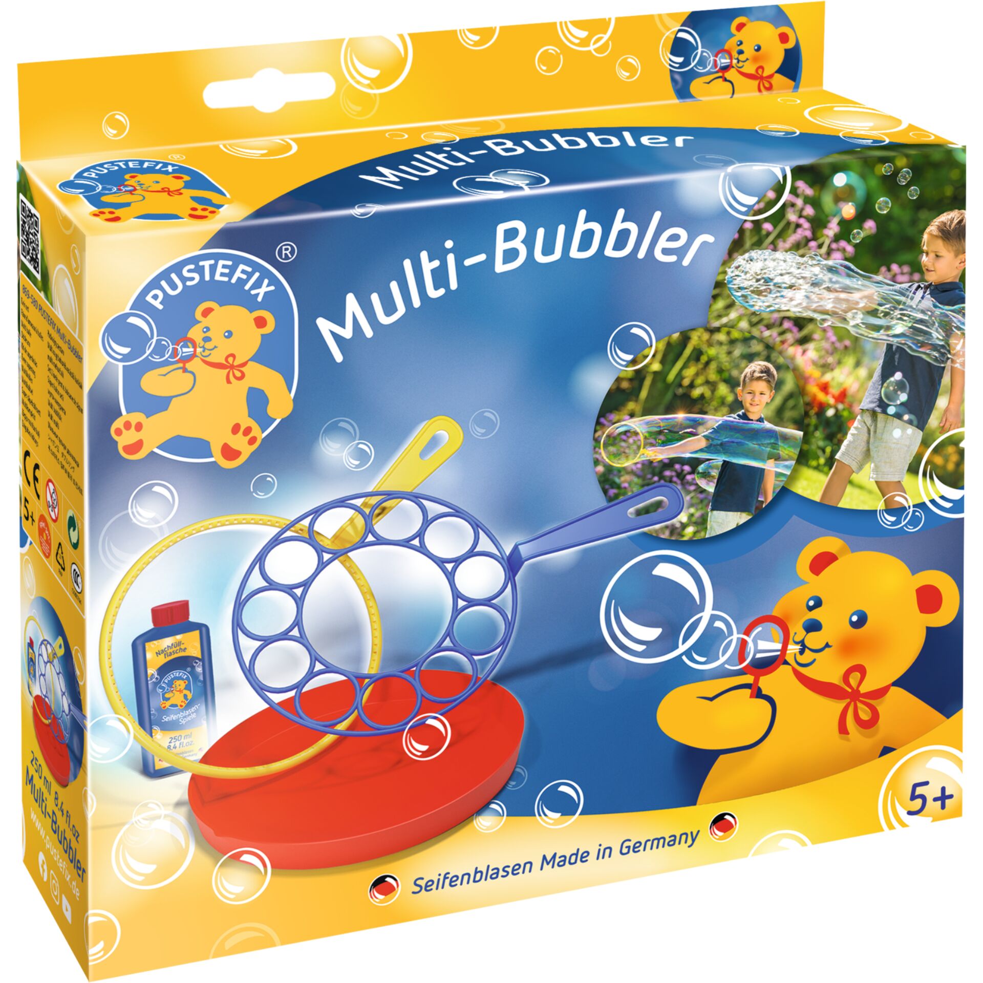 Blasen-Spielzeug, Blasen-Set, Plastikringe, Farben blau gelb, Seifenblasen Spielzeug