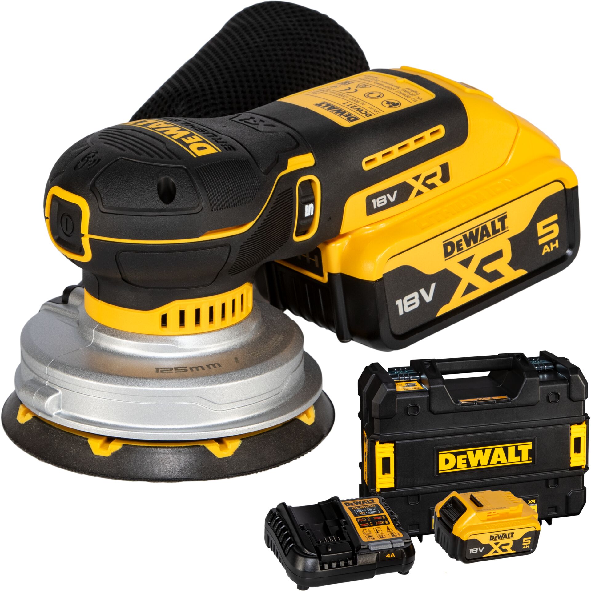 Akku-Bohrmaschine, Schleifer, Werkzeugkoffer, 18V, XR Akku, Akku-Exzenterschleifer, 18-Volt-Akku, 125-mm-Schleifteller, Transportkoffer, Ladegerät