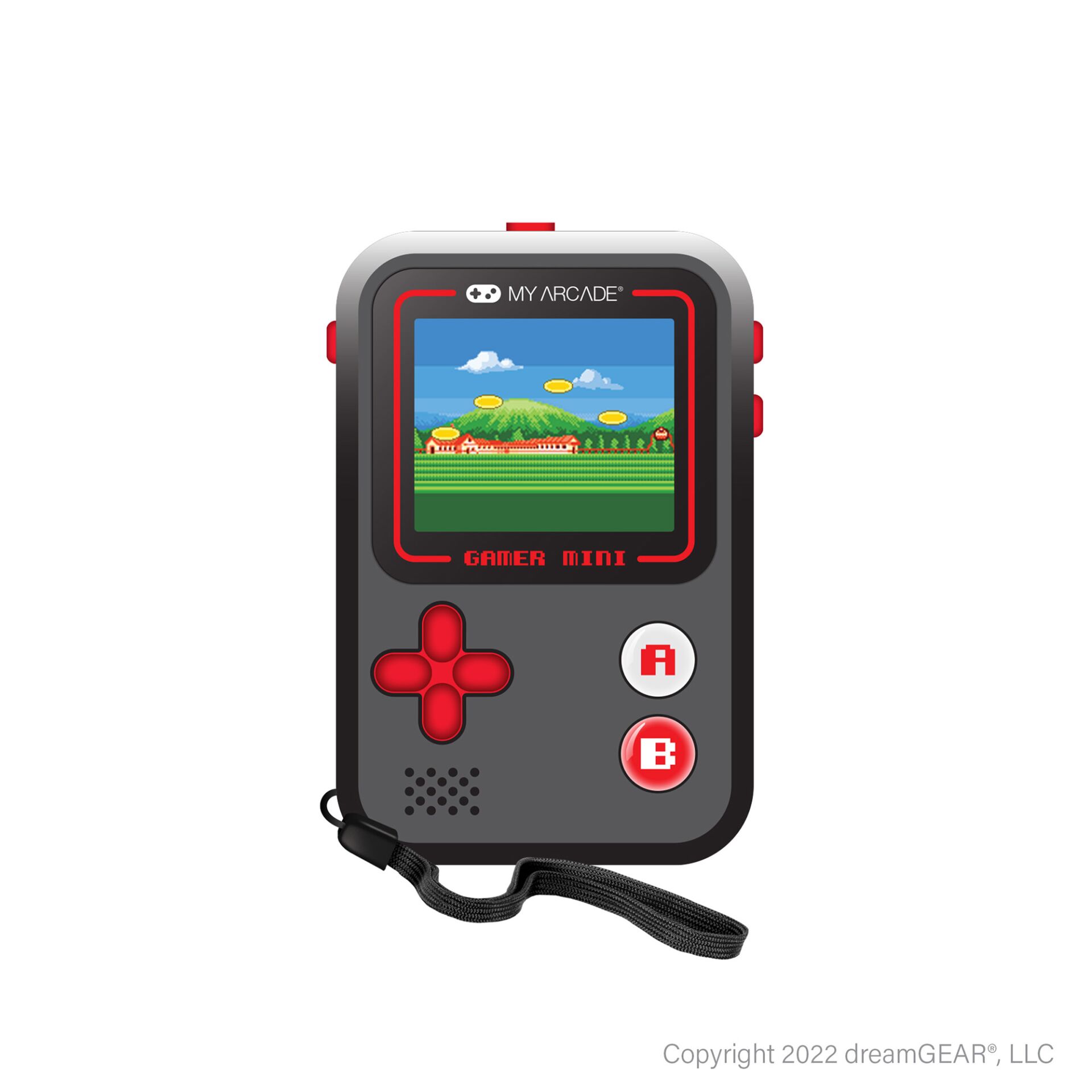 handheld console, gaming device, mini arcade, black red, strap included