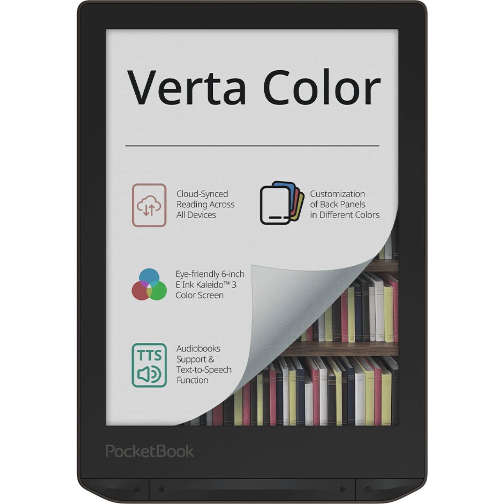 E-Reader, E-Ink-Farbbildschirm, 6-Zoll-Display, schwarzes Gehäuse, Text-to-Speech