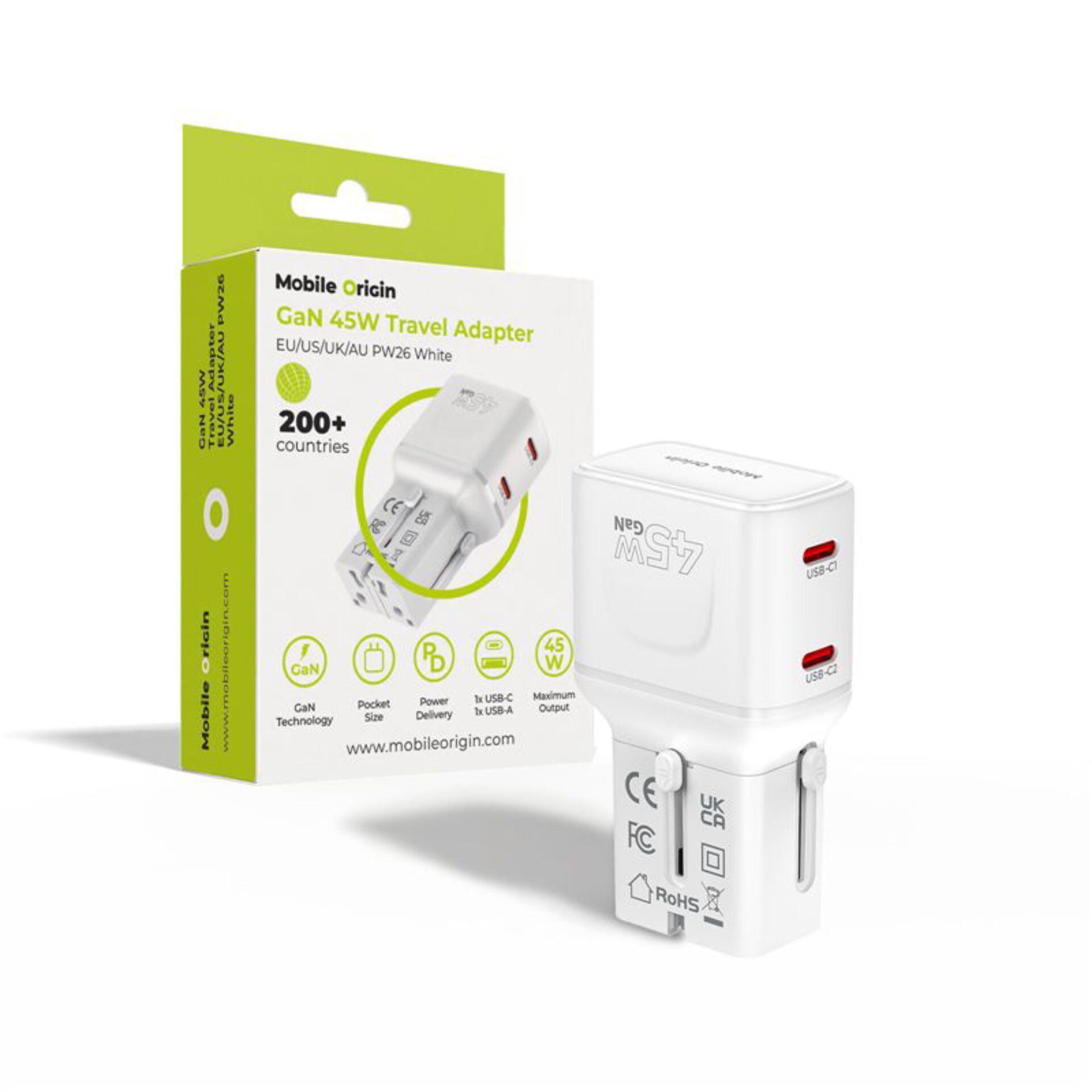 GaN-Reiseadapter, USB-C Ladegerät, weißer Adapter, EU-Stecker, tragbares Ladegerät