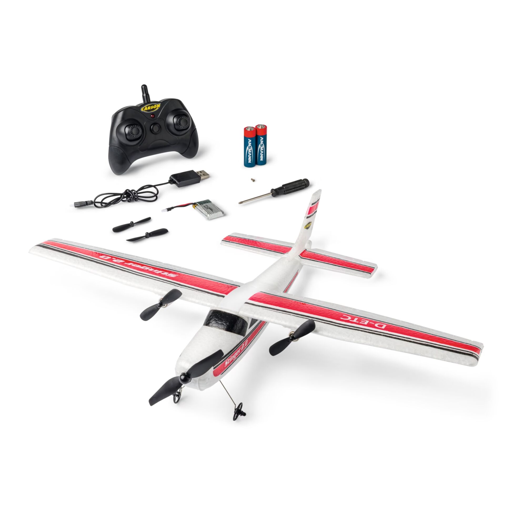 RC-Flugzeug, Fernsteuerung, Propeller, Batterien, Ladegerät
