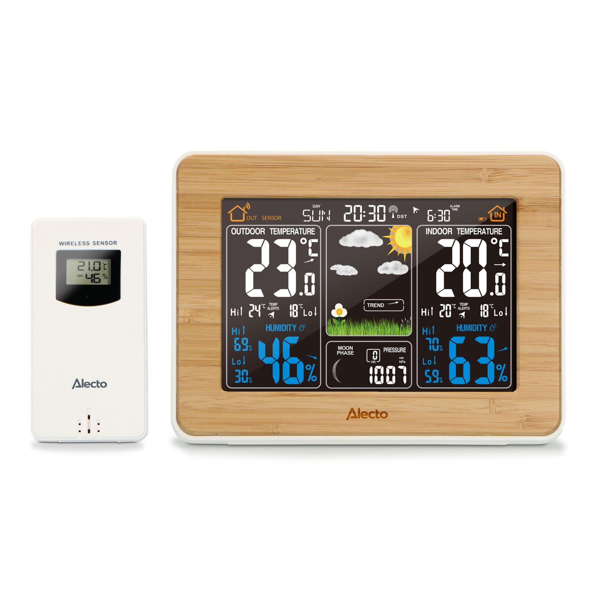 Wetterstation, Wetterzentrum, Holzrahmen, Digitalanzeige, Sensoren
